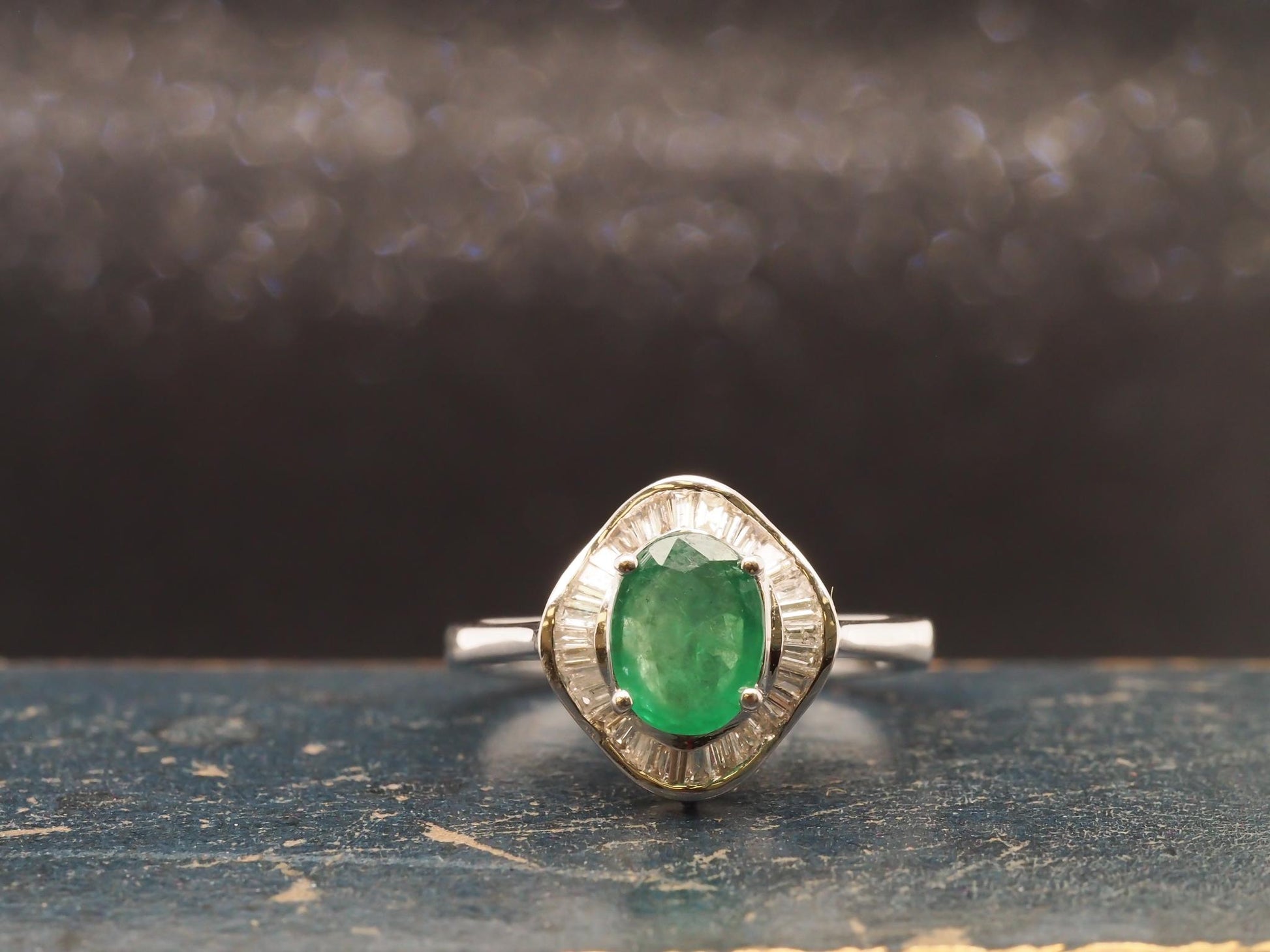 14K White Gold Emerald and Diamond Halo Ring - VHK#22