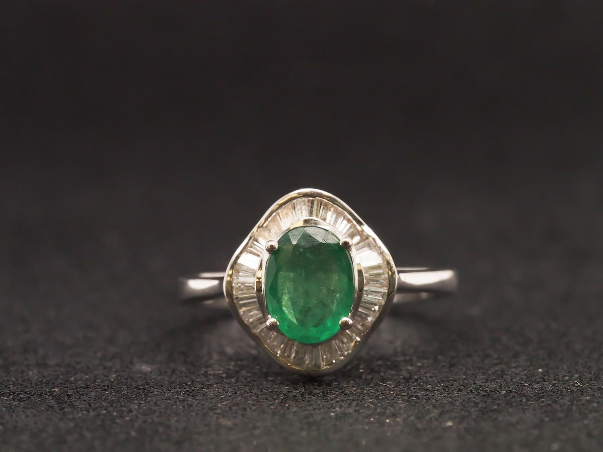 14K White Gold Emerald and Diamond Halo Ring - VHK#22