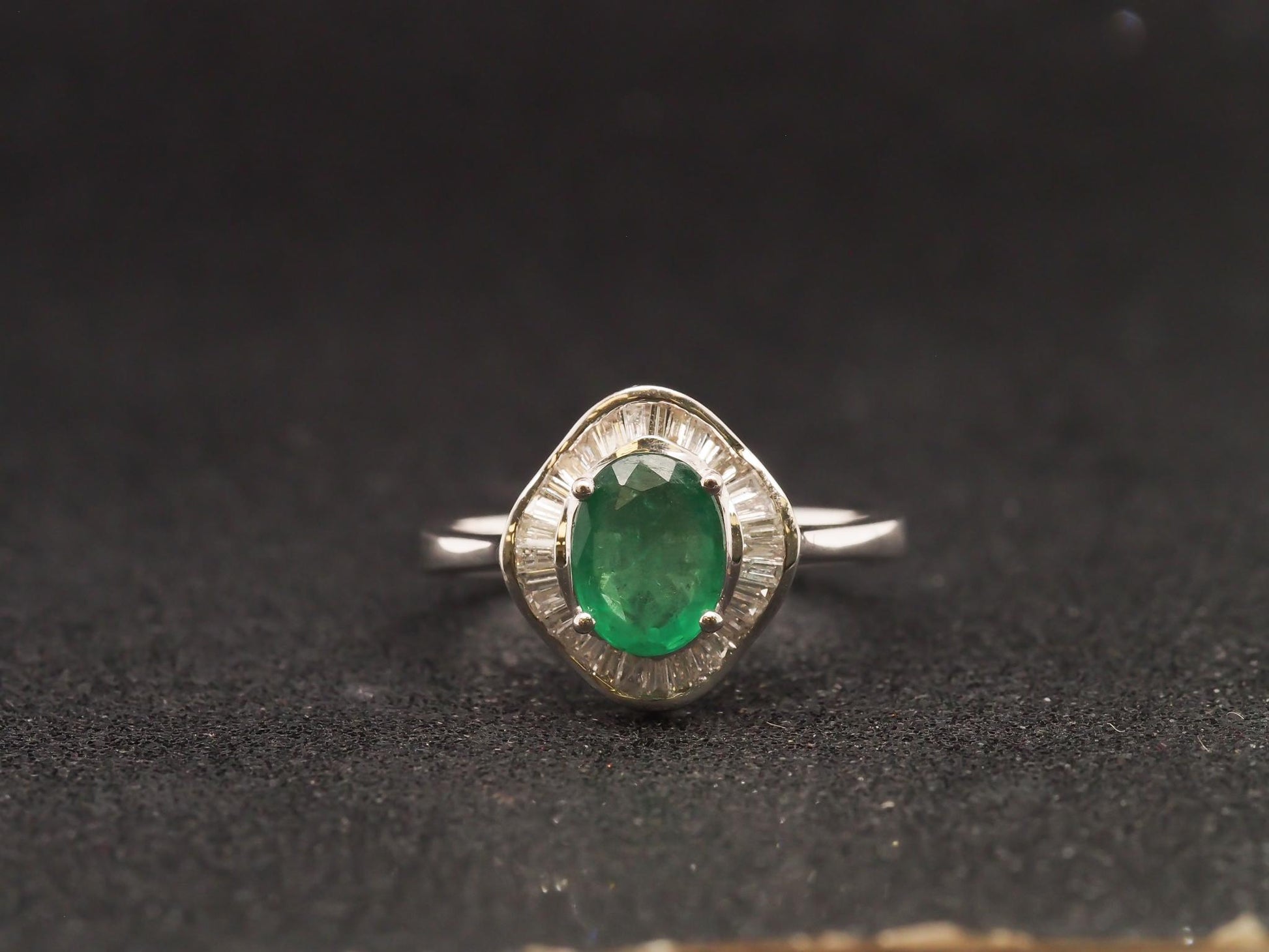 14K White Gold Emerald and Diamond Halo Ring - VHK#22