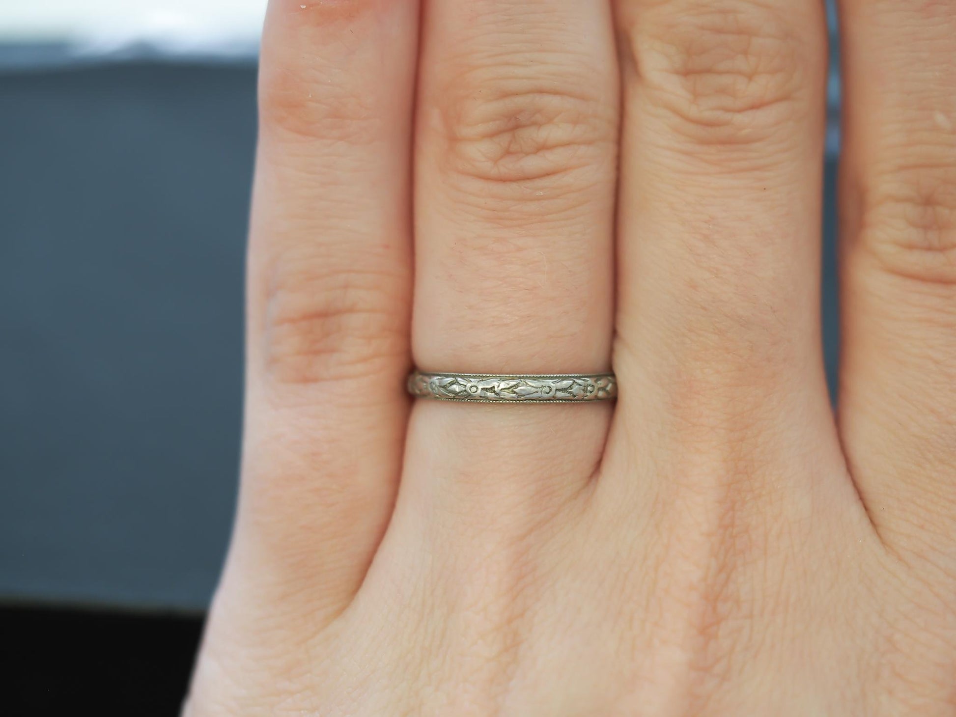 Platinum Circa 1928 Engraved Art Deco Wedding Band - VHK#33