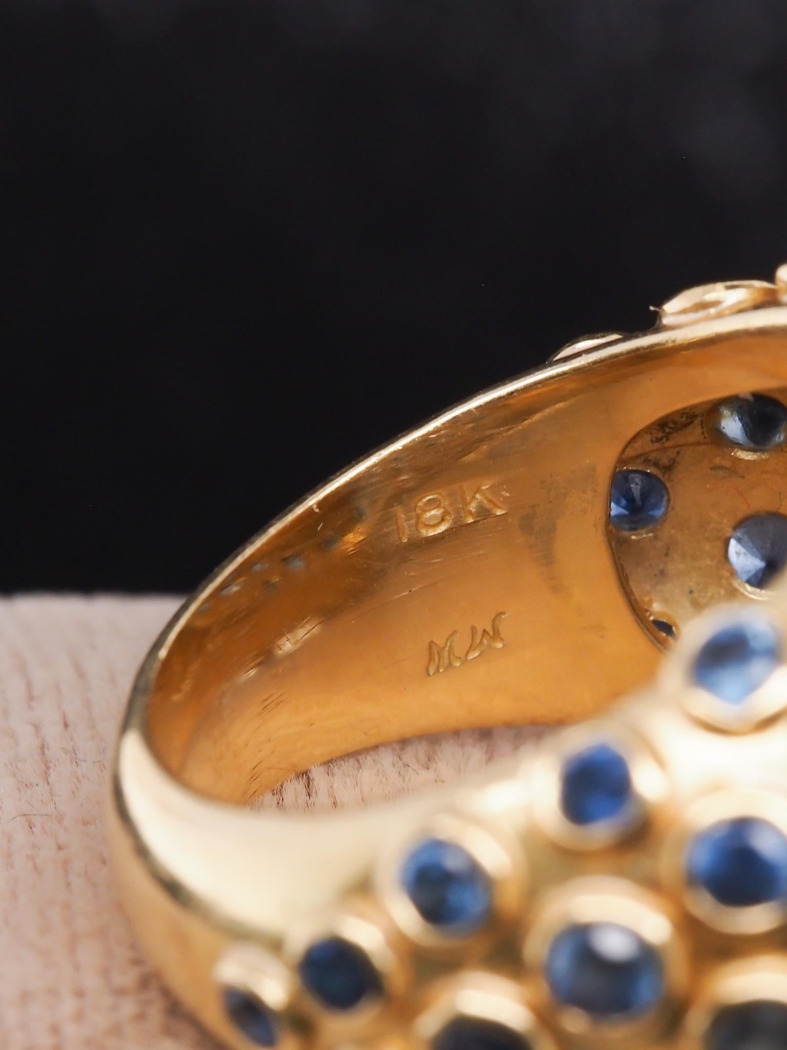 Estate French 18K Yellow Gold Henry Point Coral and Sapphire Ring - VHK#595b