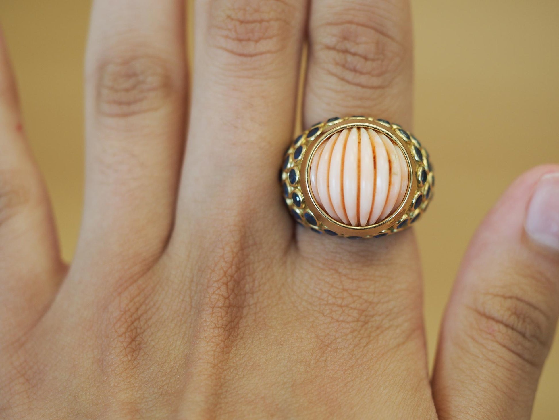Estate French 18K Yellow Gold Henry Point Coral and Sapphire Ring - VHK#595b