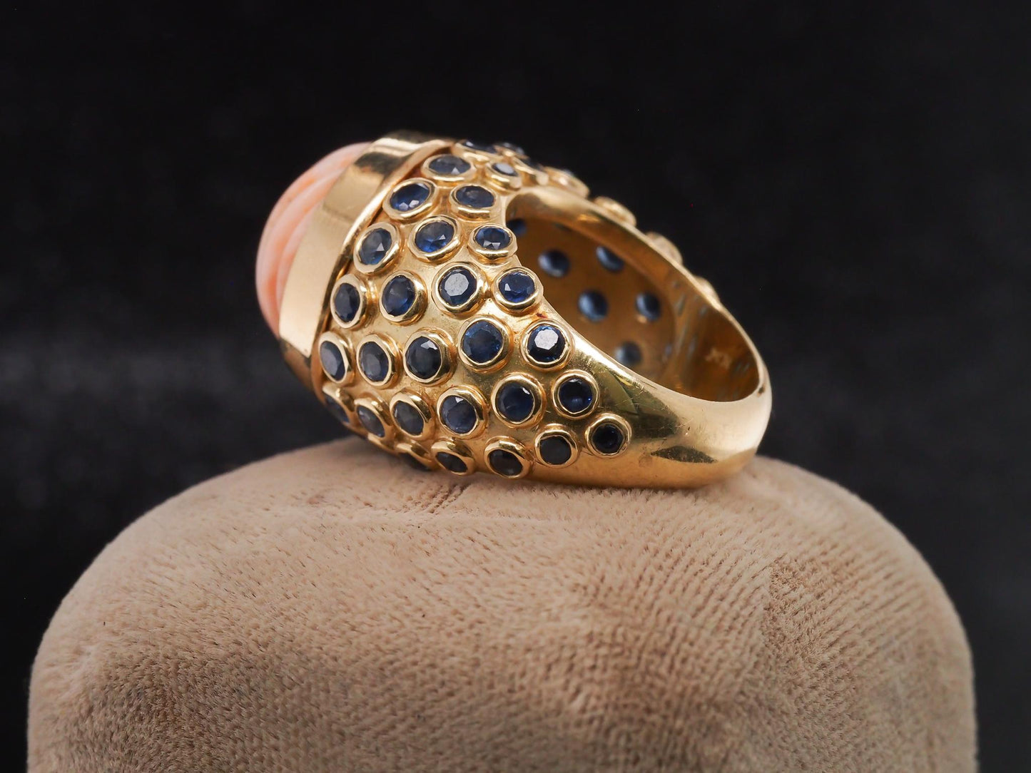 Estate French 18K Yellow Gold Henry Point Coral and Sapphire Ring - VHK#595b