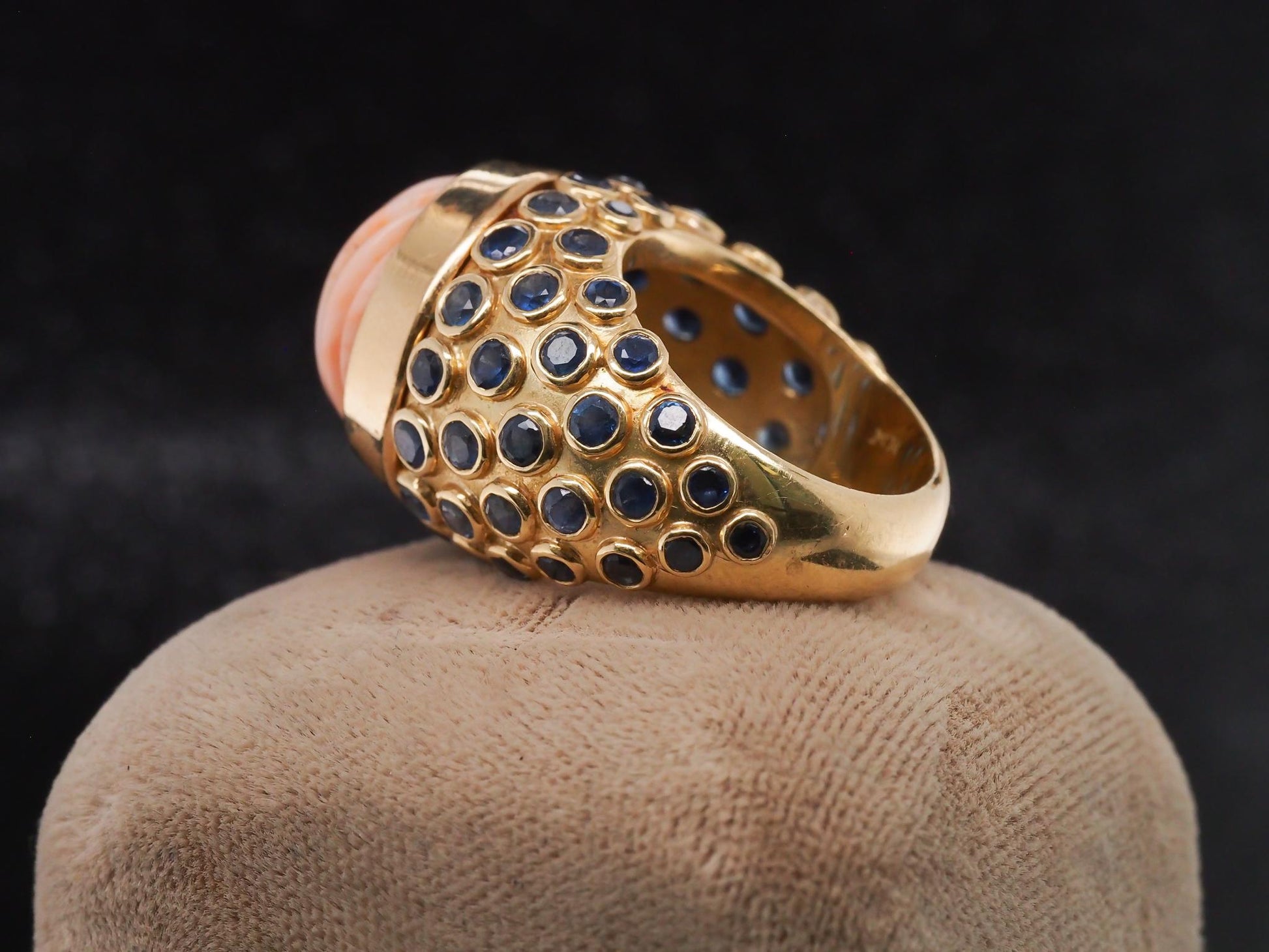 Estate French 18K Yellow Gold Henry Point Coral and Sapphire Ring - VHK#595b
