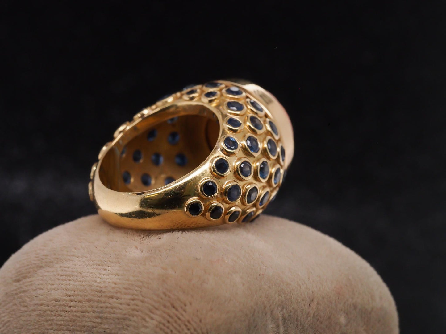 Estate French 18K Yellow Gold Henry Point Coral and Sapphire Ring - VHK#595b