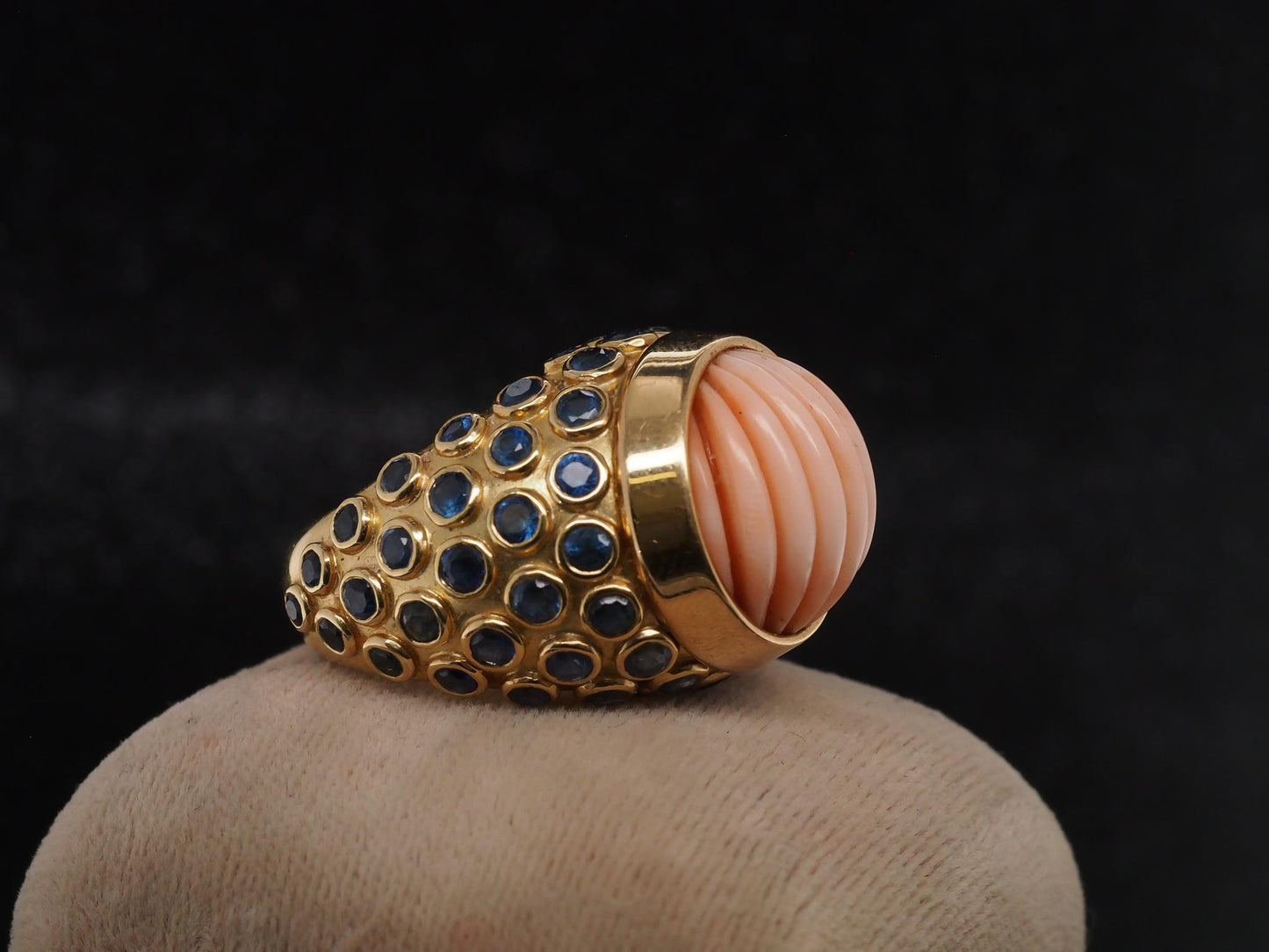 Estate French 18K Yellow Gold Henry Point Coral and Sapphire Ring - VHK#595b