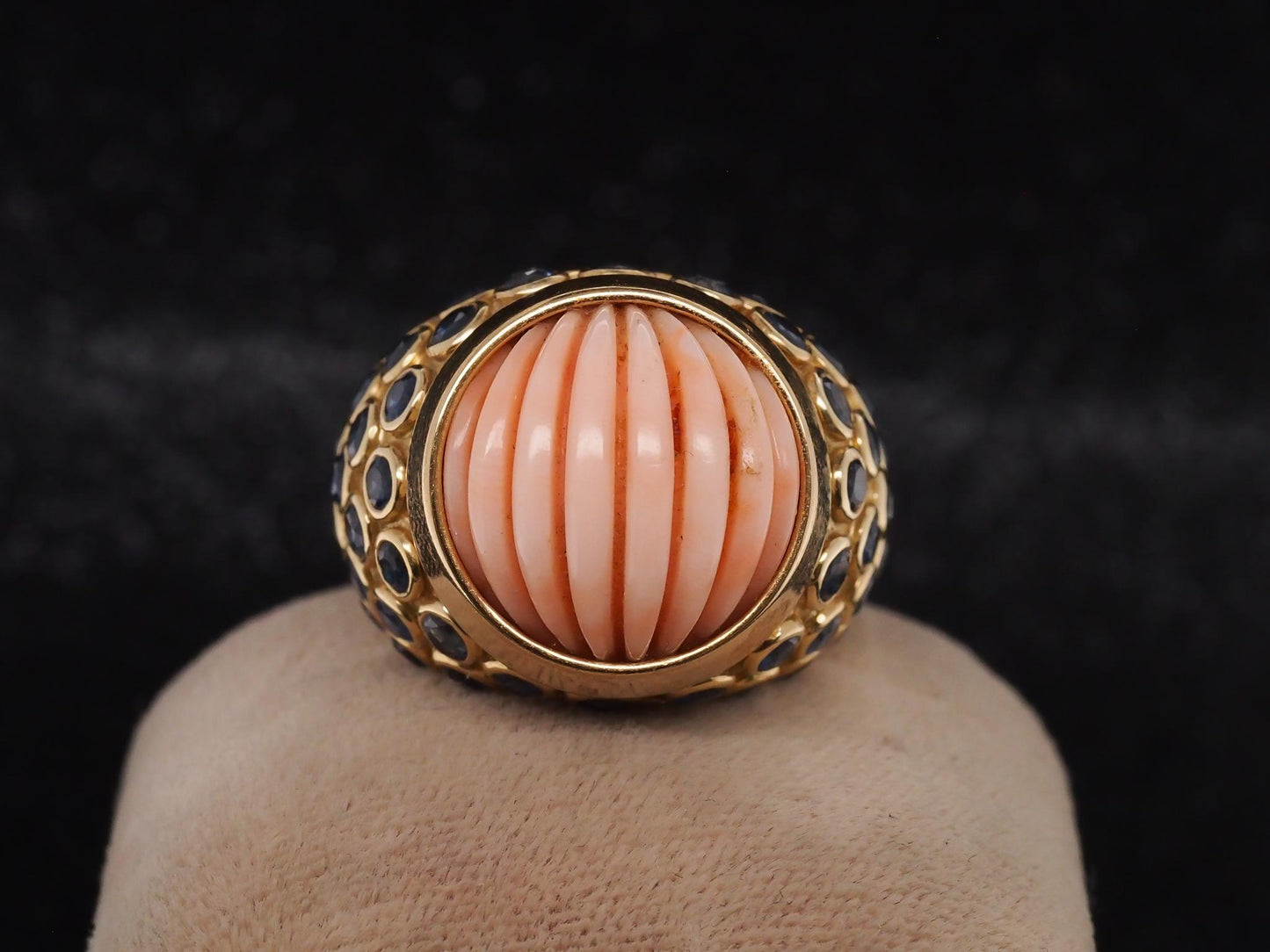 Estate French 18K Yellow Gold Henry Point Coral and Sapphire Ring - VHK#595b