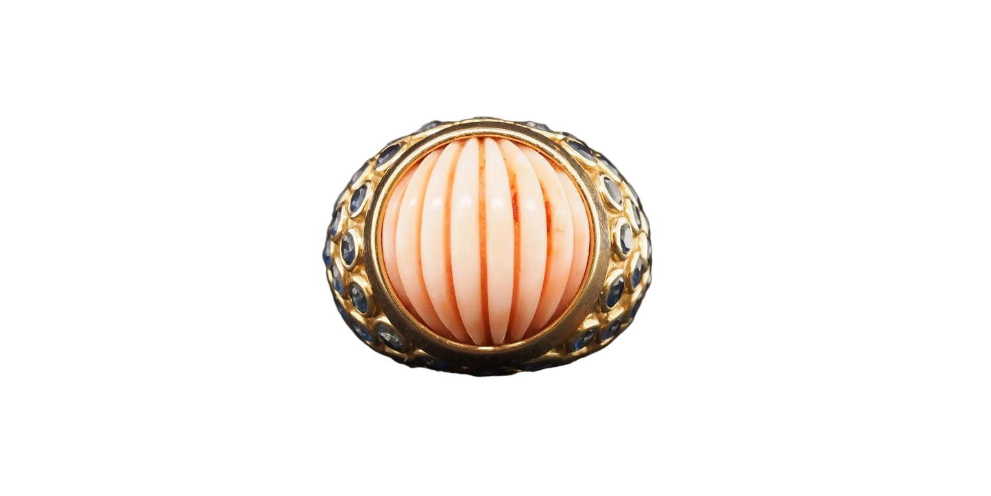 Estate French 18K Yellow Gold Henry Point Coral and Sapphire Ring - VHK#595b