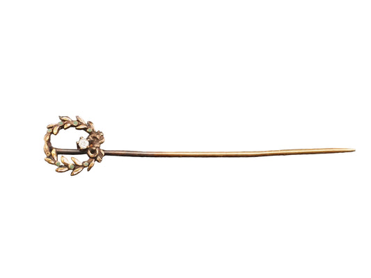 1920s 14K Yellow Gold Diamond & Wreath Design Stick Pin - VHK#63