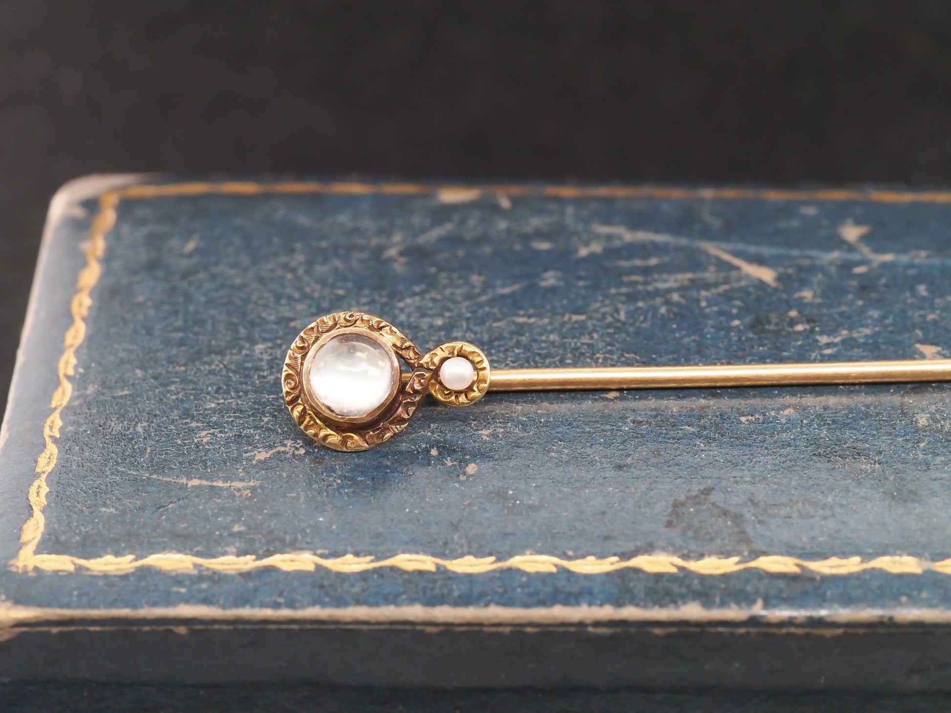 1920s 14K Yellow Gold Moonstone and Pearl Stick Pin - VHK#62