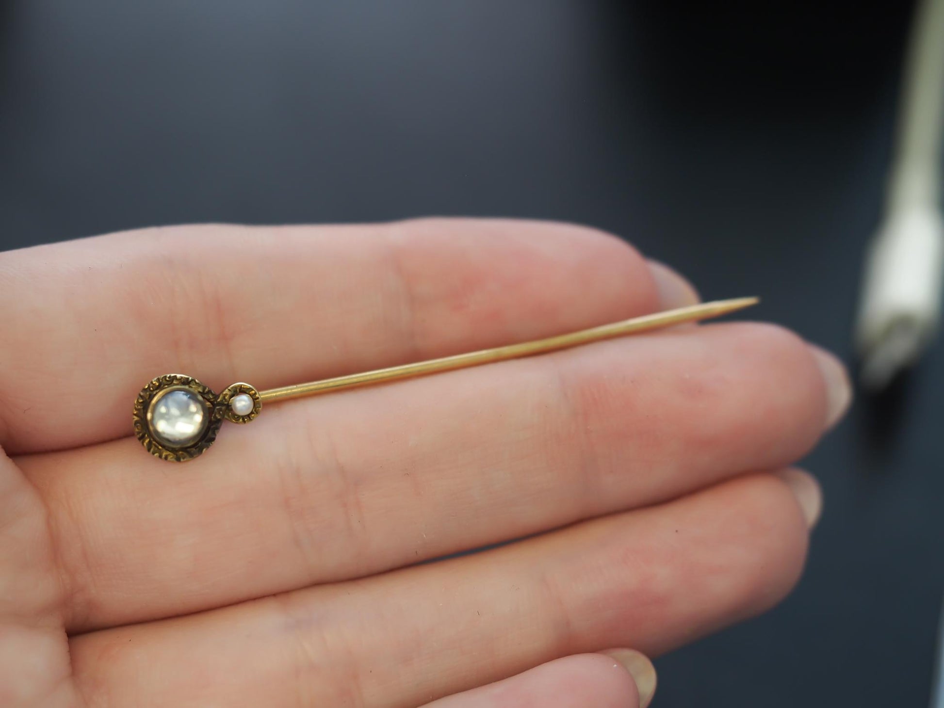 1920s 14K Yellow Gold Moonstone and Pearl Stick Pin - VHK#62