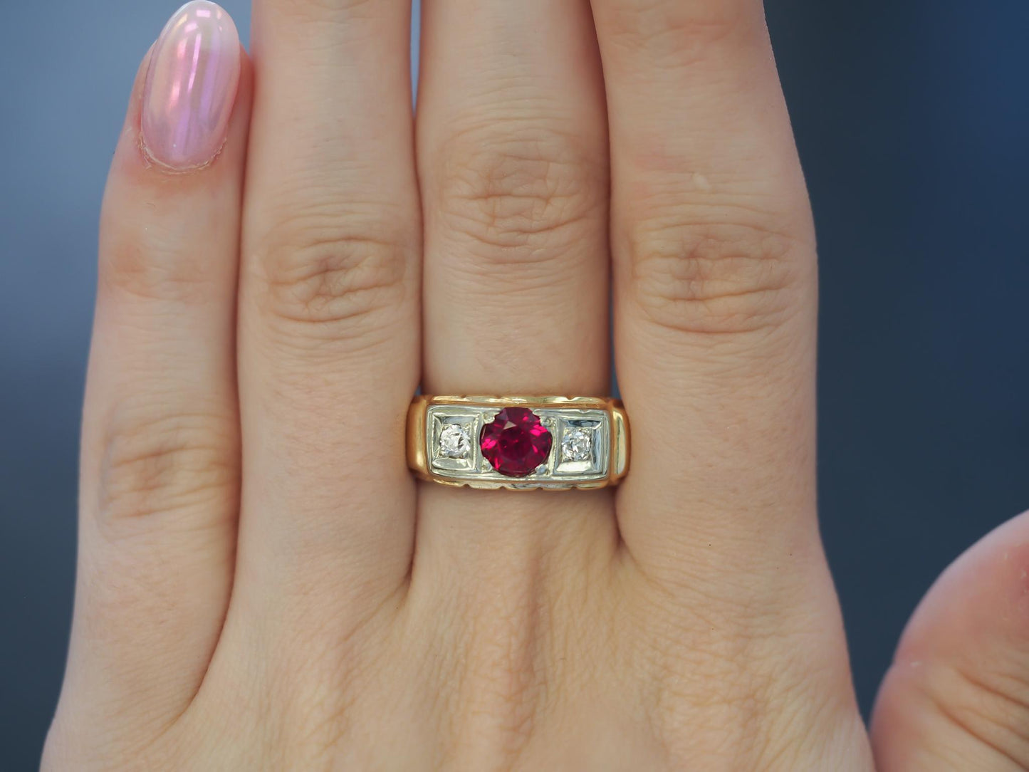 Art Deco 14K Yellow Gold Ruby and Diamond Engagement Ring - VHK#54