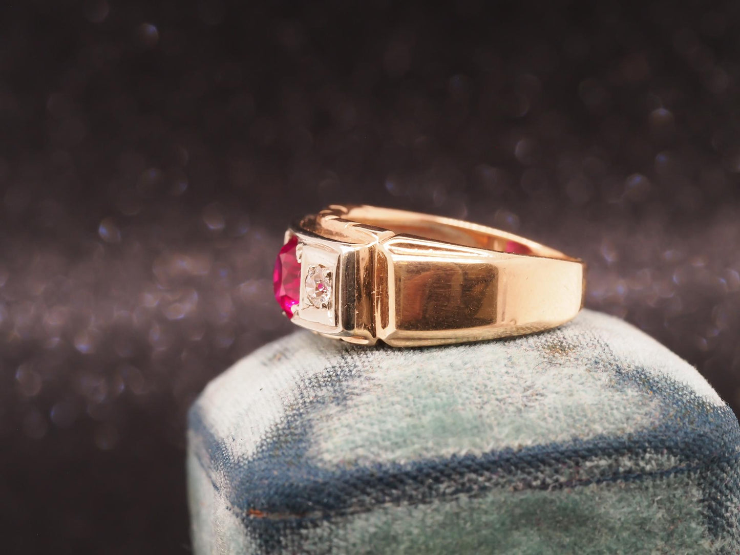 Art Deco 14K Yellow Gold Ruby and Diamond Engagement Ring - VHK#54