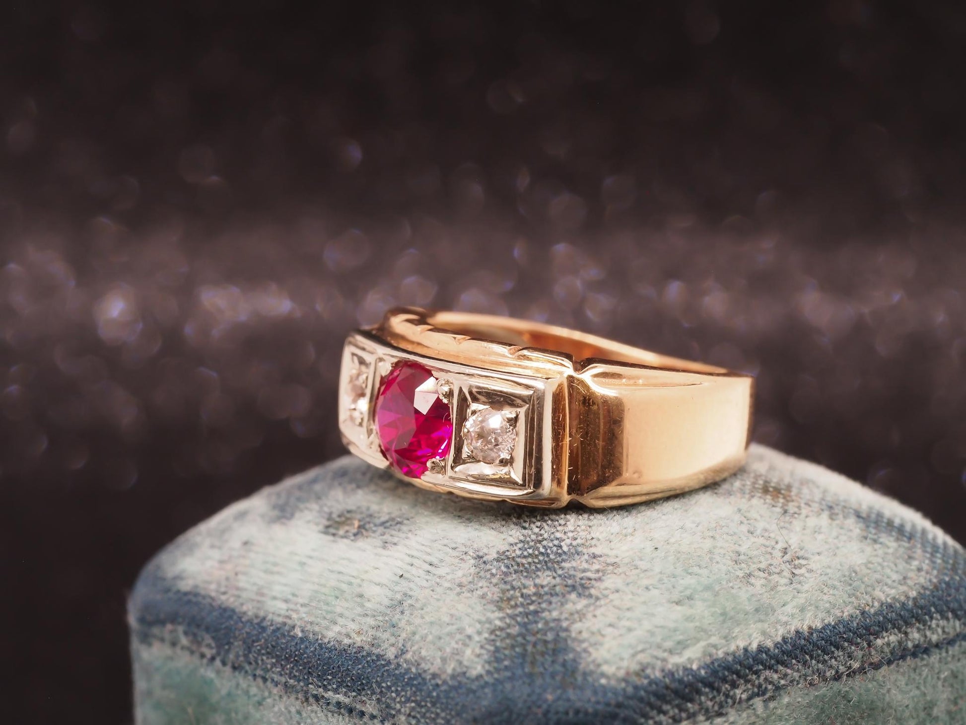 Art Deco 14K Yellow Gold Ruby and Diamond Engagement Ring - VHK#54
