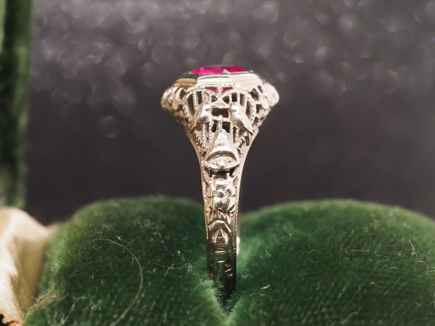 1930s Art Deco 18K White Gold Filigree Ruby Engagement Ring - VHK#53