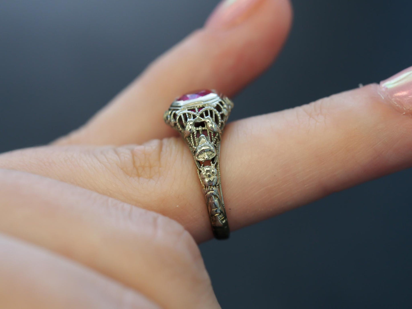 1930s Art Deco 18K White Gold Filigree Ruby Engagement Ring - VHK#53