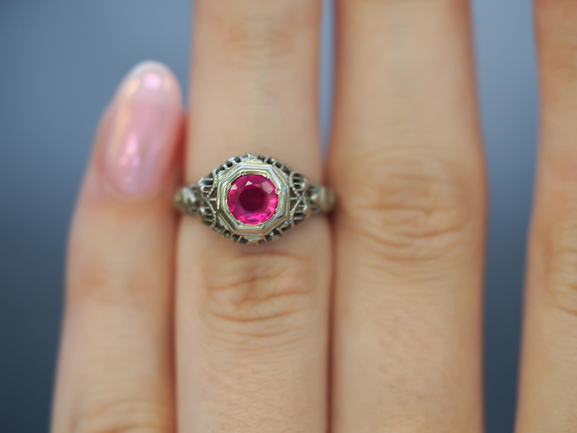 1930s Art Deco 18K White Gold Filigree Ruby Engagement Ring - VHK#53