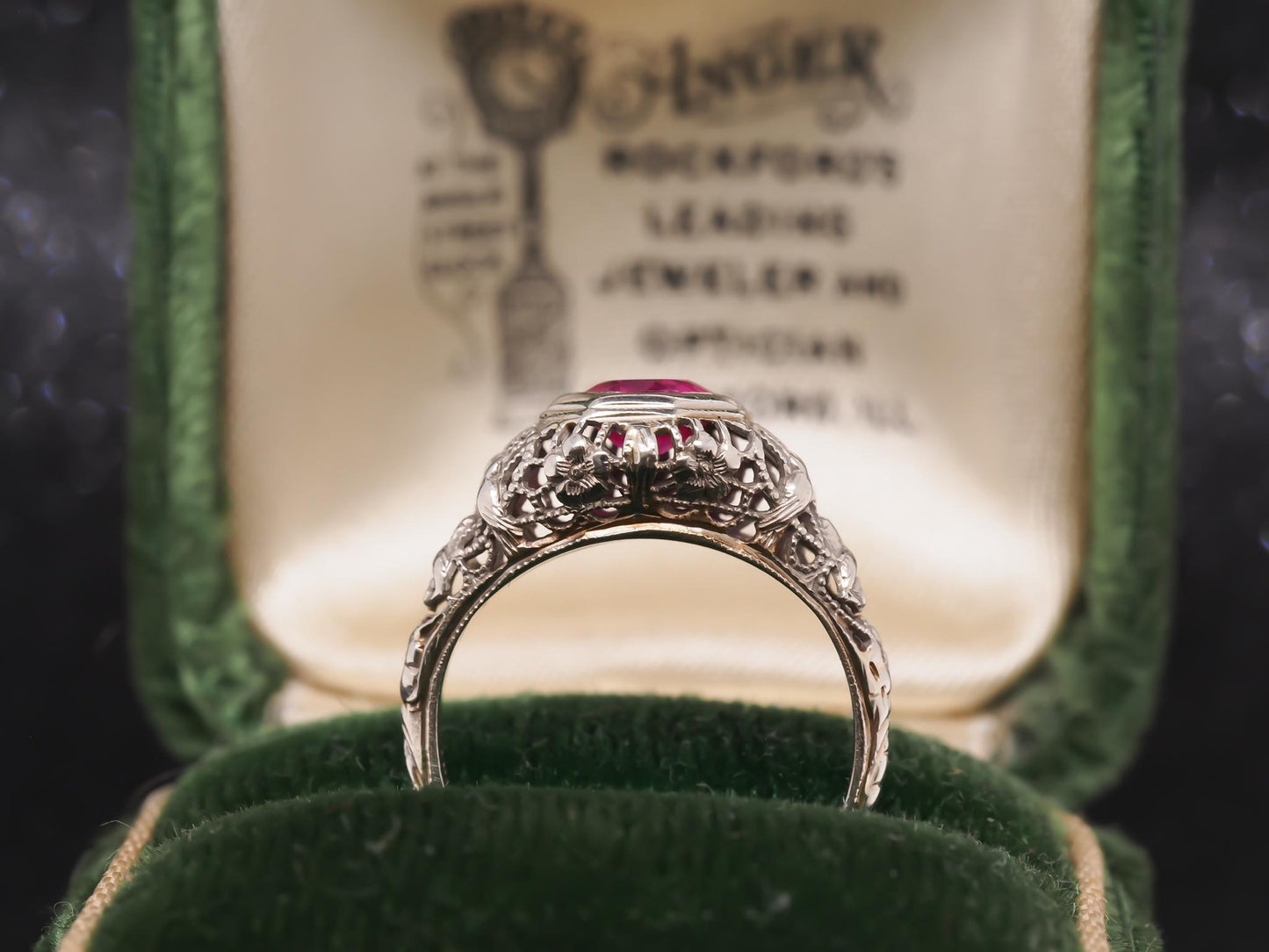 1930s Art Deco 18K White Gold Filigree Ruby Engagement Ring - VHK#53
