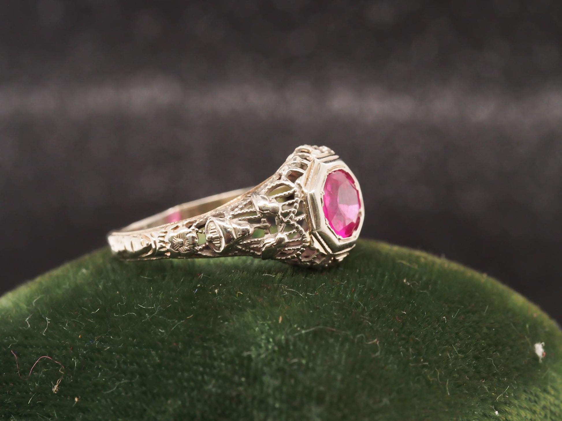 1930s Art Deco 18K White Gold Filigree Ruby Engagement Ring - VHK#53
