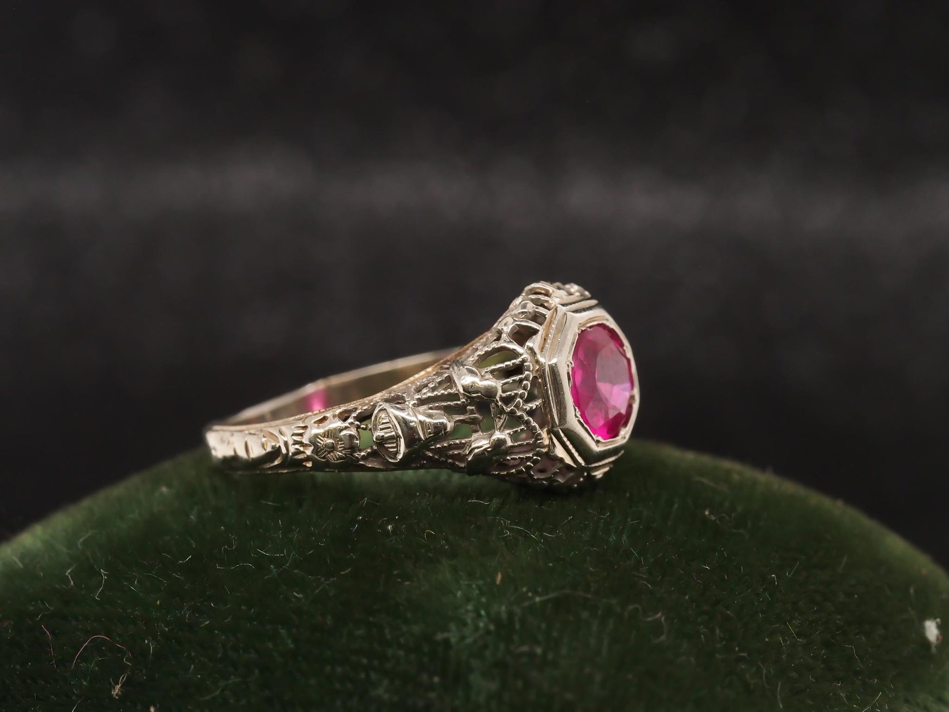 1930s Art Deco 18K White Gold Filigree Ruby Engagement Ring - VHK#53