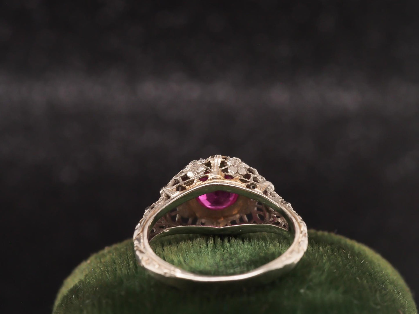 1930s Art Deco 18K White Gold Filigree Ruby Engagement Ring - VHK#53