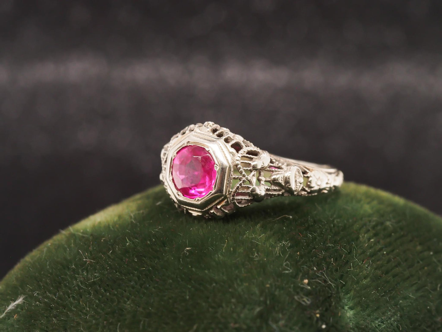 1930s Art Deco 18K White Gold Filigree Ruby Engagement Ring - VHK#53