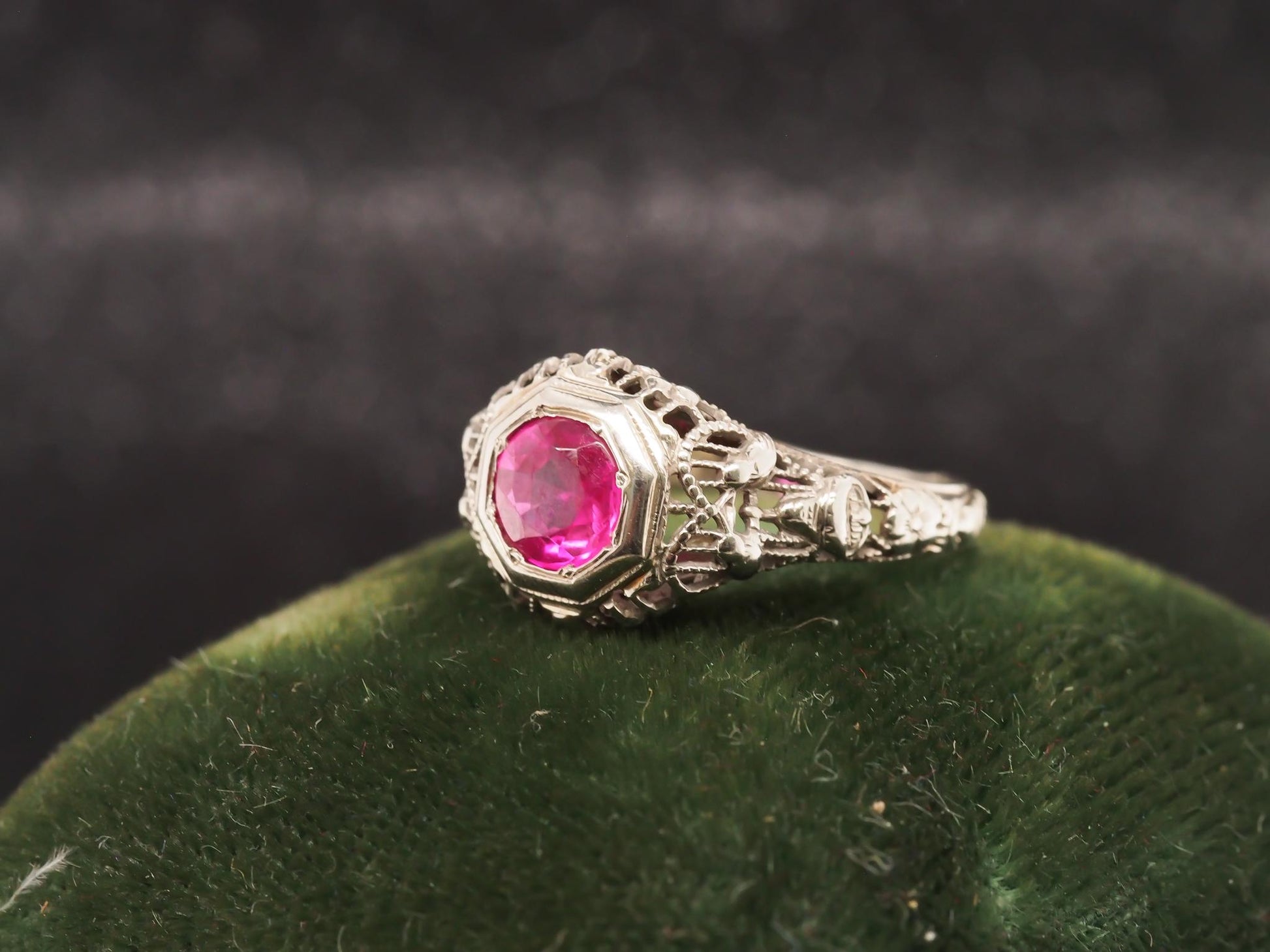 1930s Art Deco 18K White Gold Filigree Ruby Engagement Ring - VHK#53