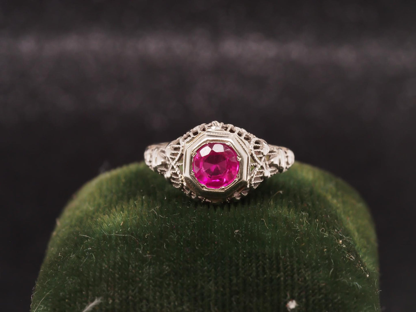 1930s Art Deco 18K White Gold Filigree Ruby Engagement Ring - VHK#53