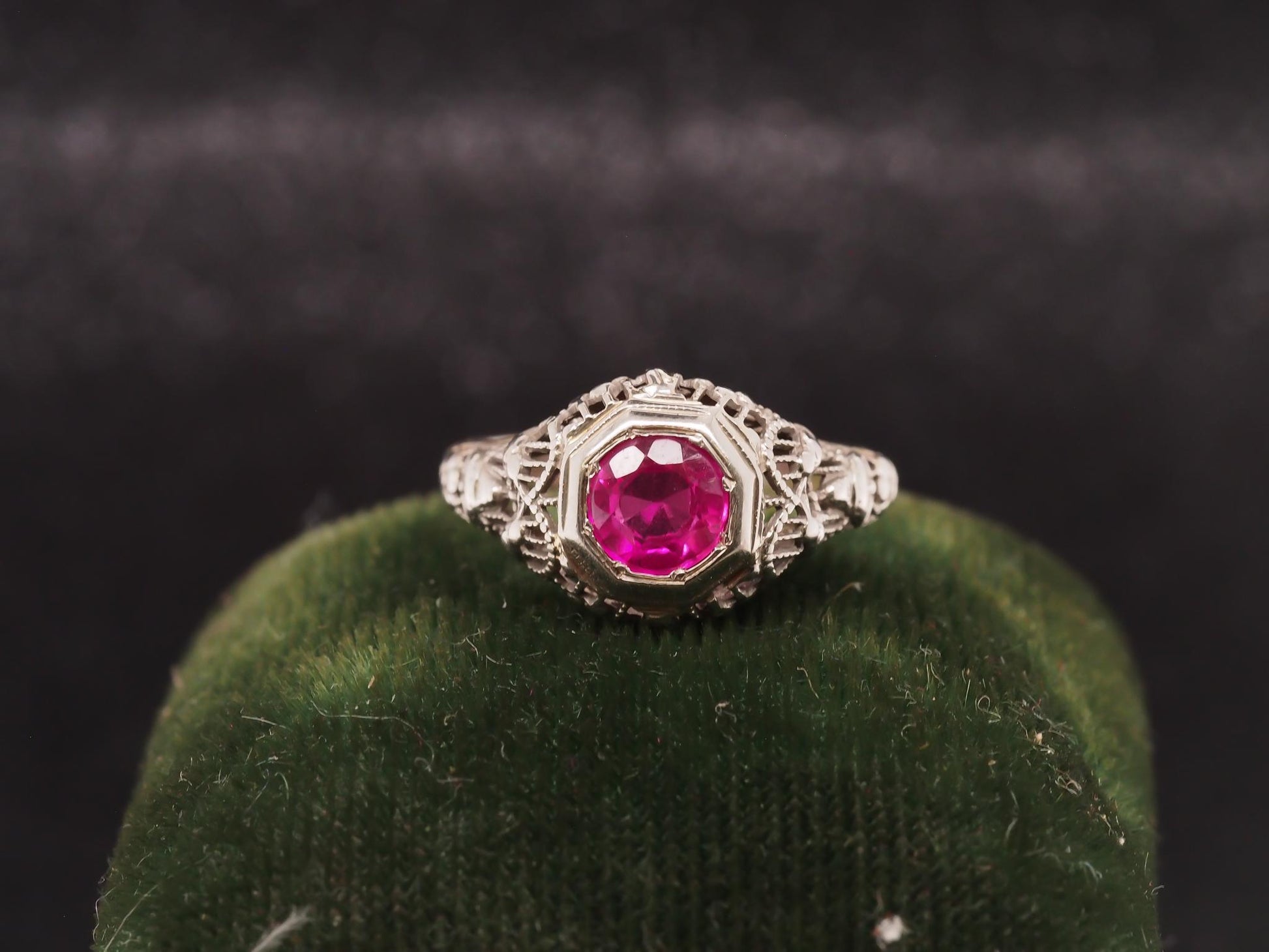 1930s Art Deco 18K White Gold Filigree Ruby Engagement Ring - VHK#53