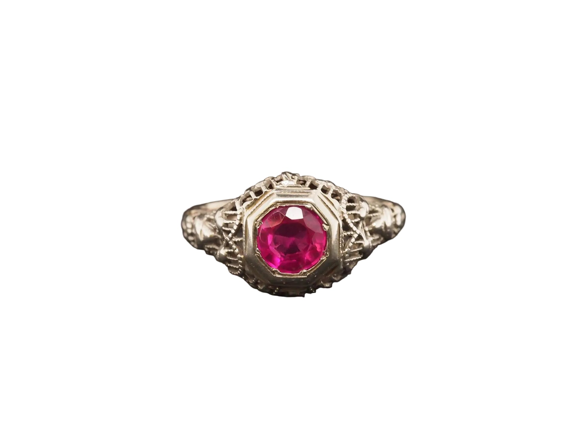 1930s Art Deco 18K White Gold Filigree Ruby Engagement Ring - VHK#53