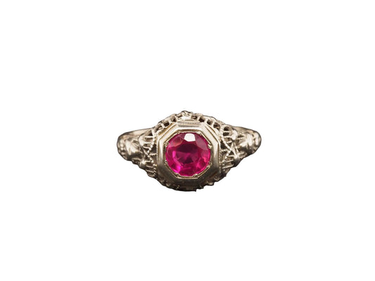 1930s Art Deco 18K White Gold Filigree Ruby Engagement Ring - VHK#53