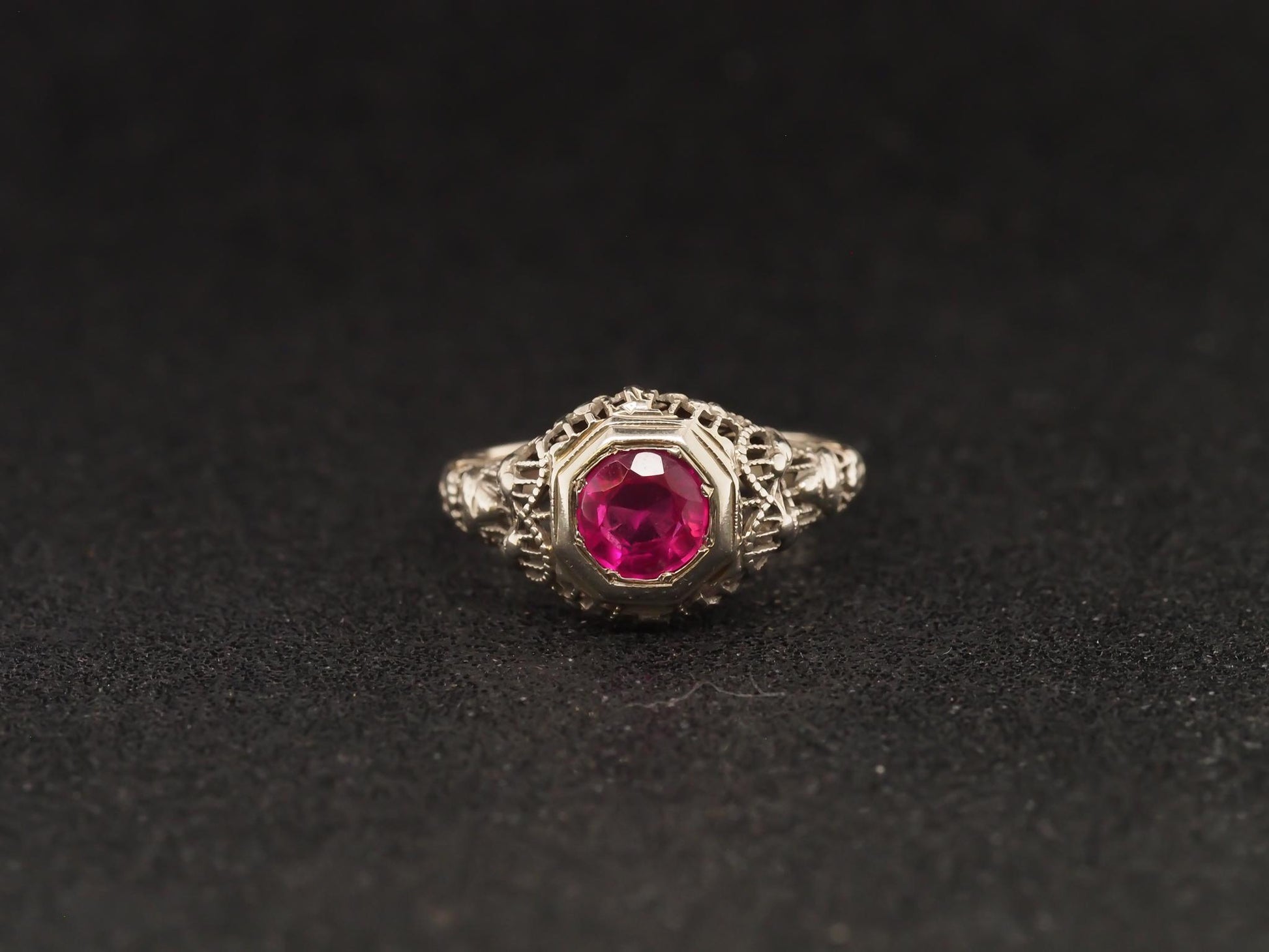 1930s Art Deco 18K White Gold Filigree Ruby Engagement Ring - VHK#53