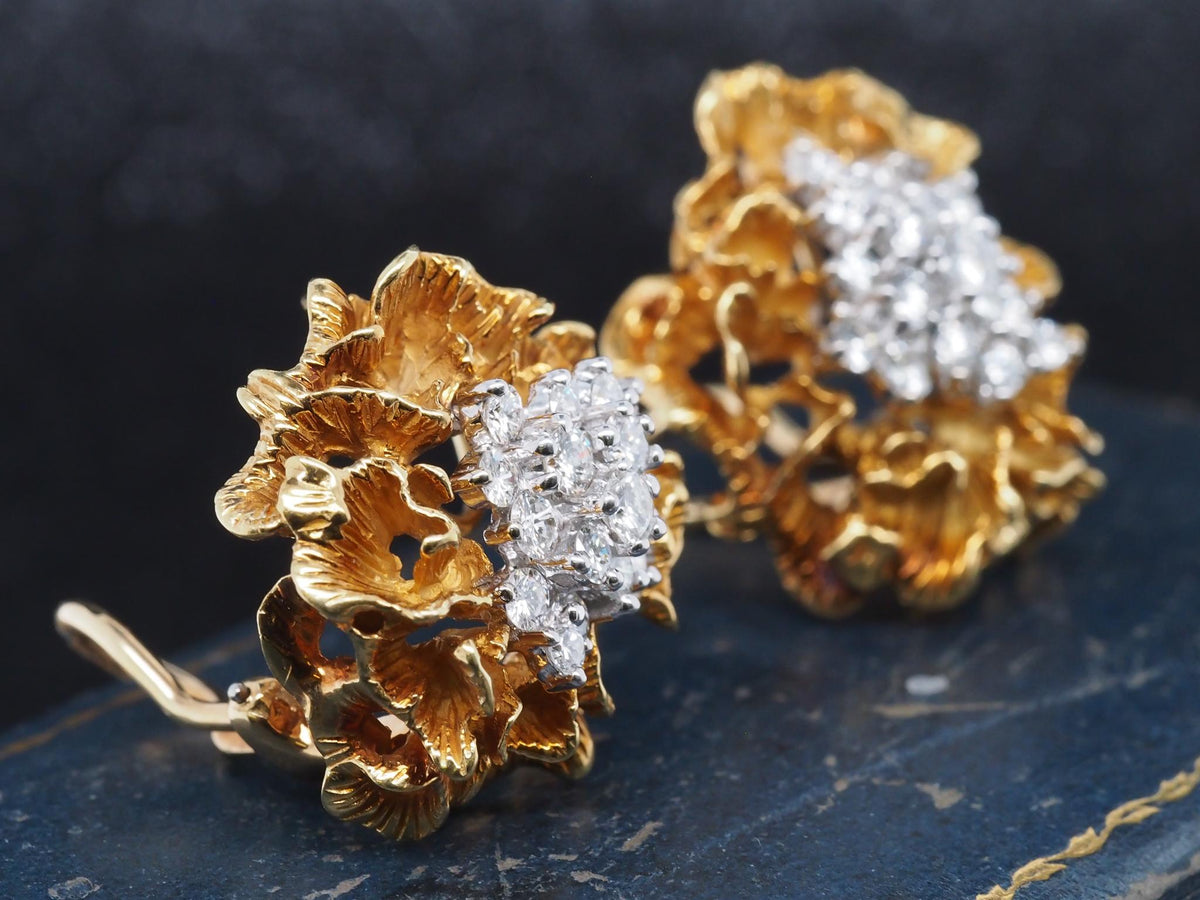 Estate Vintage 18K Yellow Gold Freeform Diamond Earrings - VHK#1061