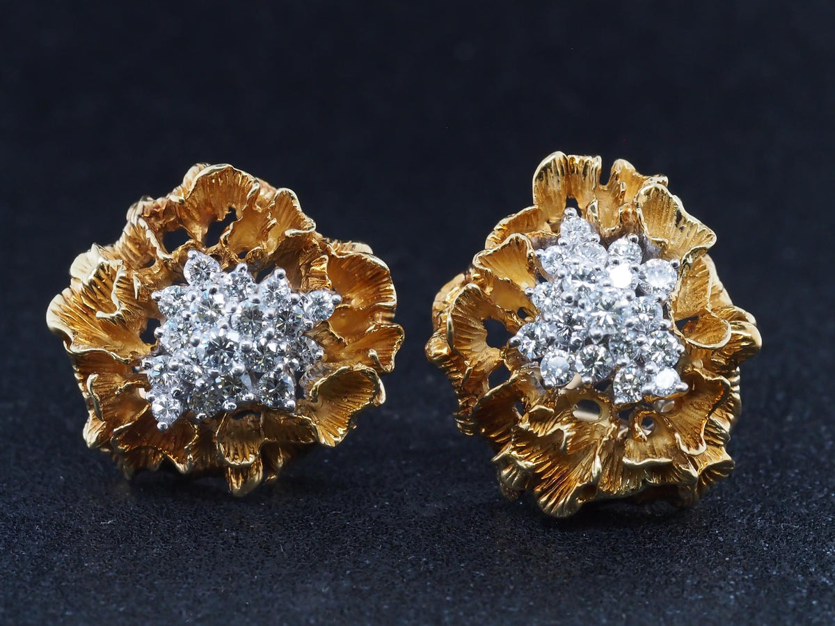 Estate Vintage 18K Yellow Gold Freeform Diamond Earrings - VHK#1061