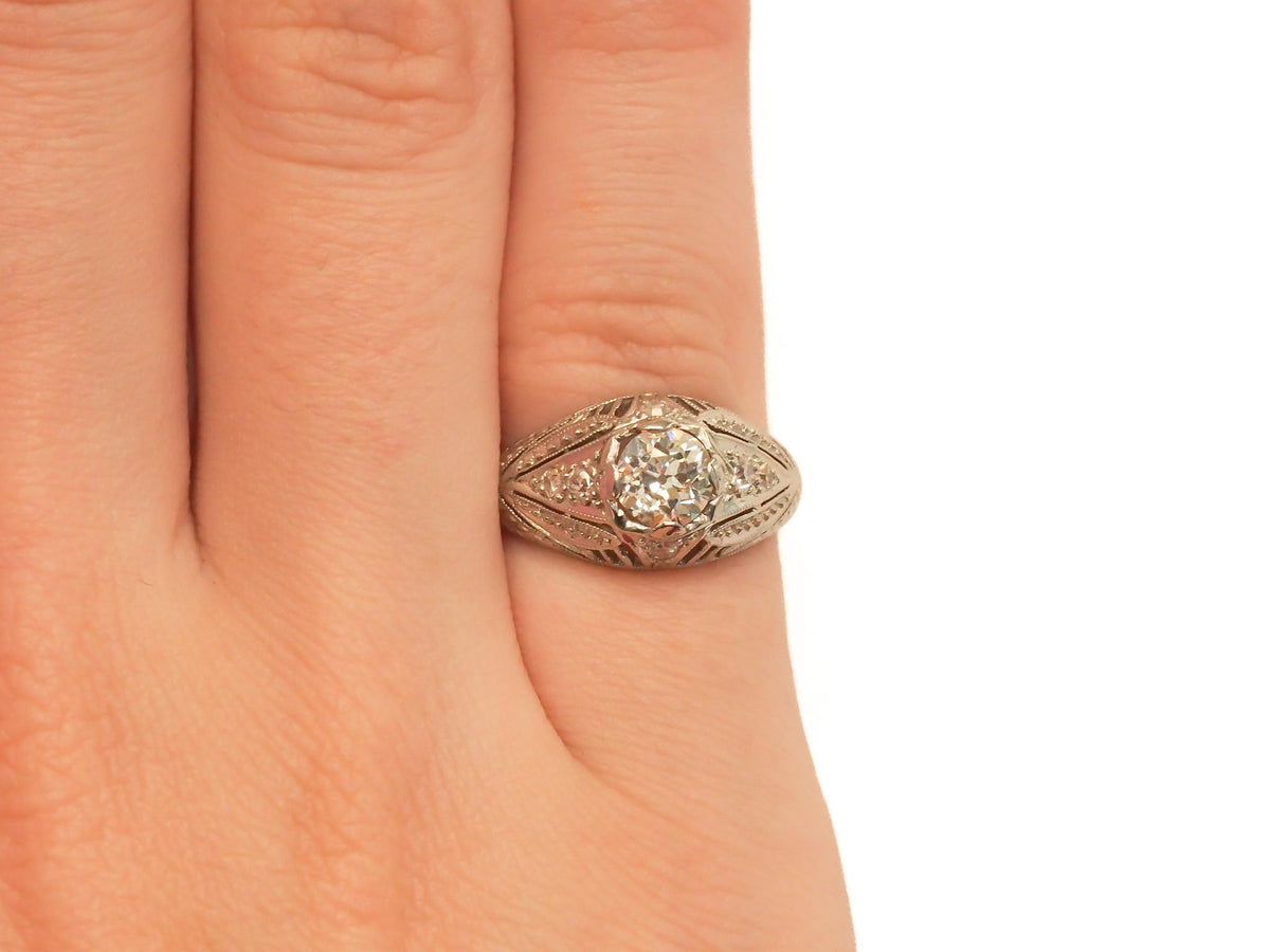 Circa 1920s Platinum GIA .63ct Old European Brilliant Engagement Ring