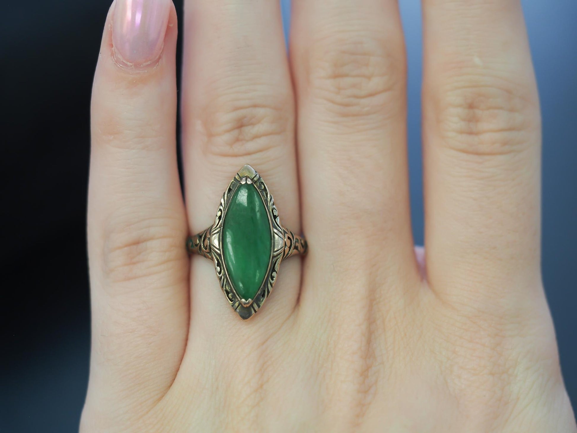 Circa 1930s 9K Yellow Gold Jade Nanette Shape Ring - VHK#105