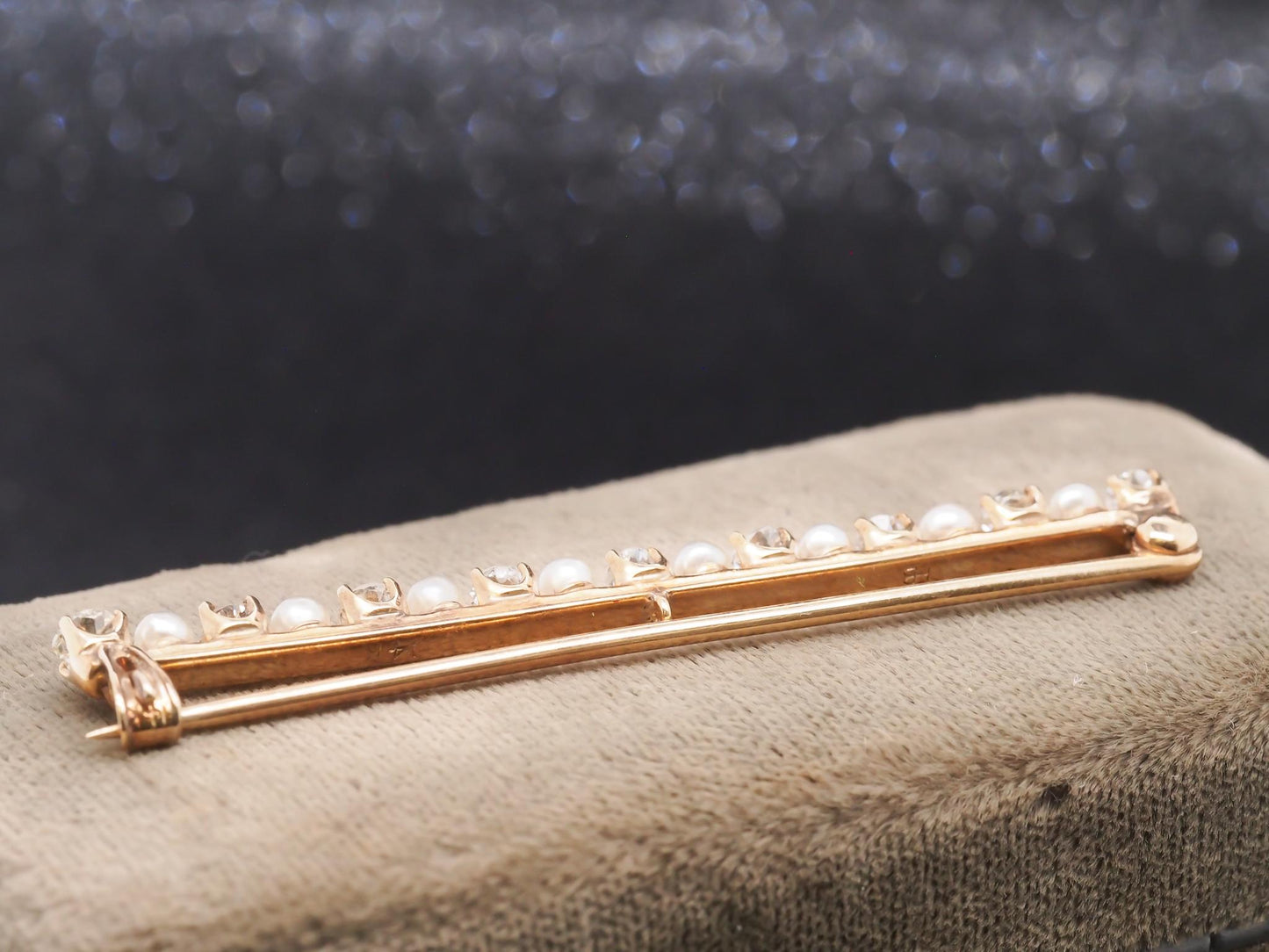 Circa 1900s 14K Yellow Gold Pearl & Old Miner Diamond Bar Pin - VHK#103