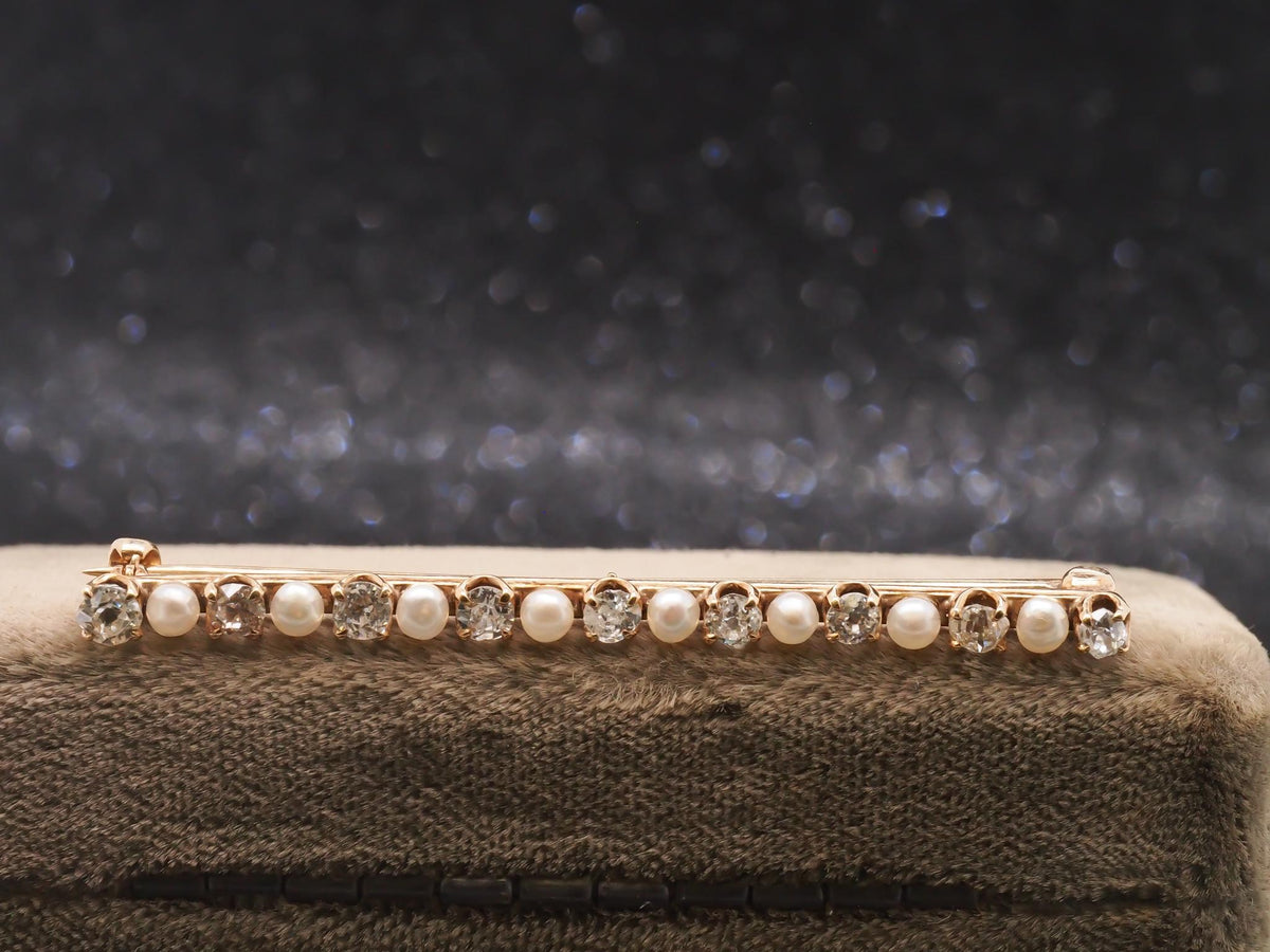 Circa 1900s 14K Yellow Gold Pearl & Old Miner Diamond Bar Pin - VHK#103