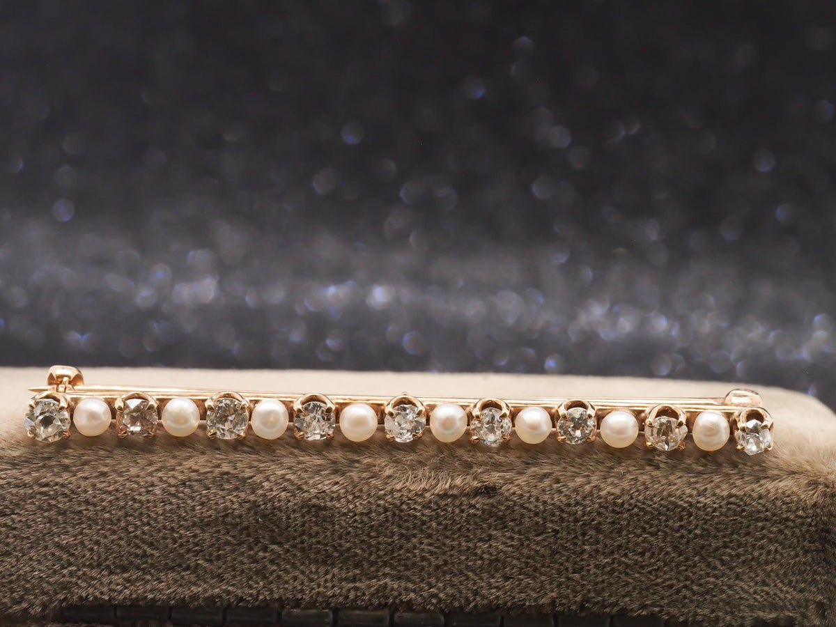 Circa 1900s 14K Yellow Gold Pearl & Old Miner Diamond Bar Pin - VHK#103