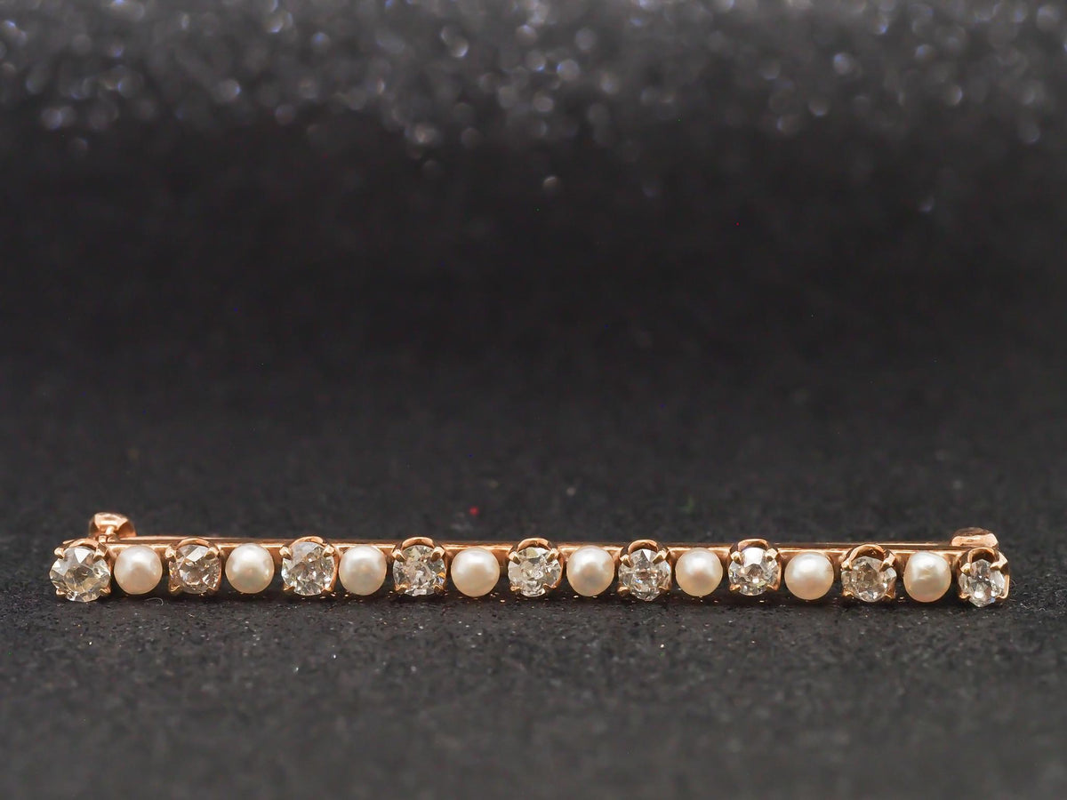 Circa 1900s 14K Yellow Gold Pearl & Old Miner Diamond Bar Pin - VHK#103