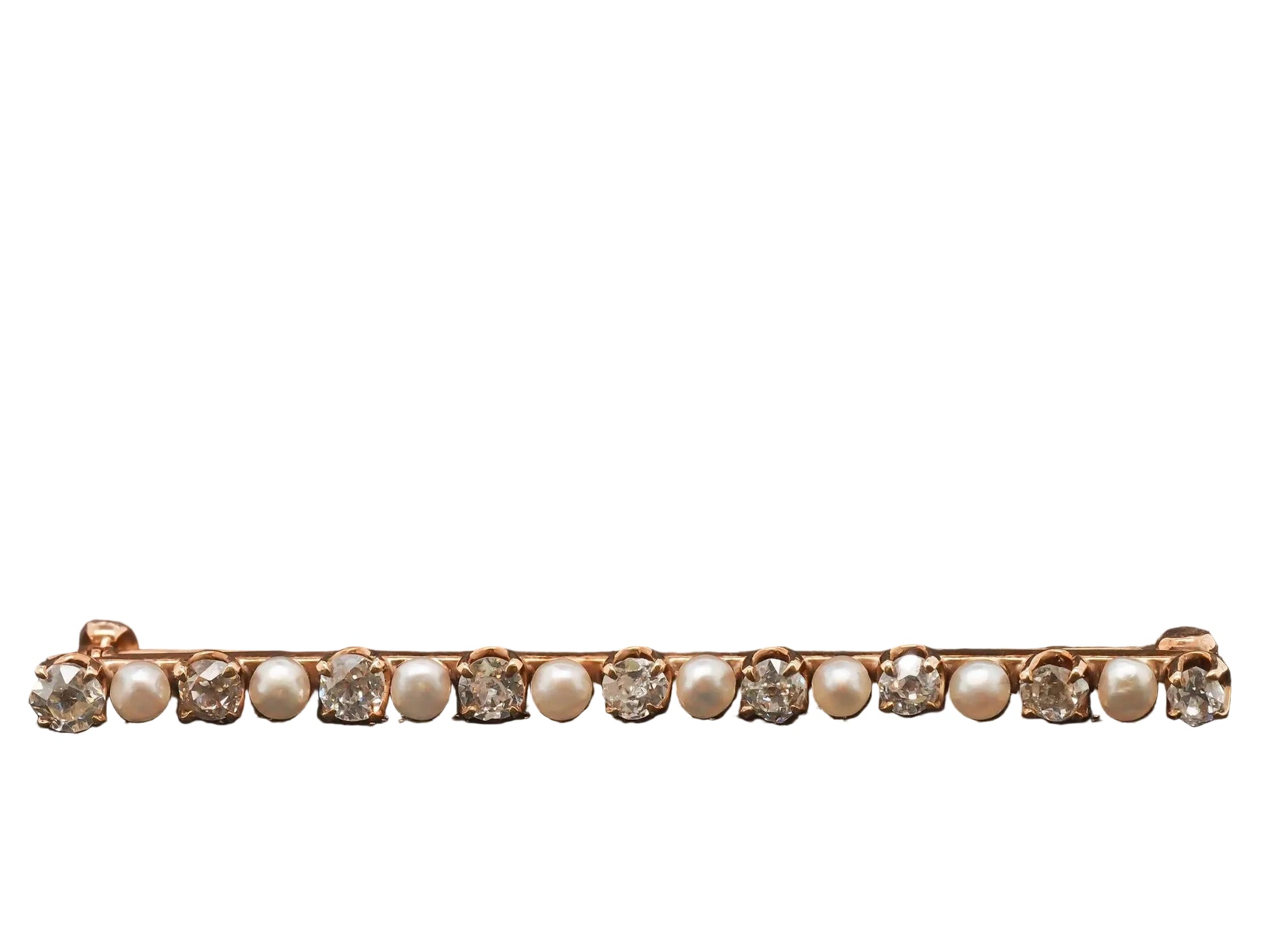 Circa 1900s 14K Yellow Gold Pearl & Old Miner Diamond Bar Pin - VHK#103