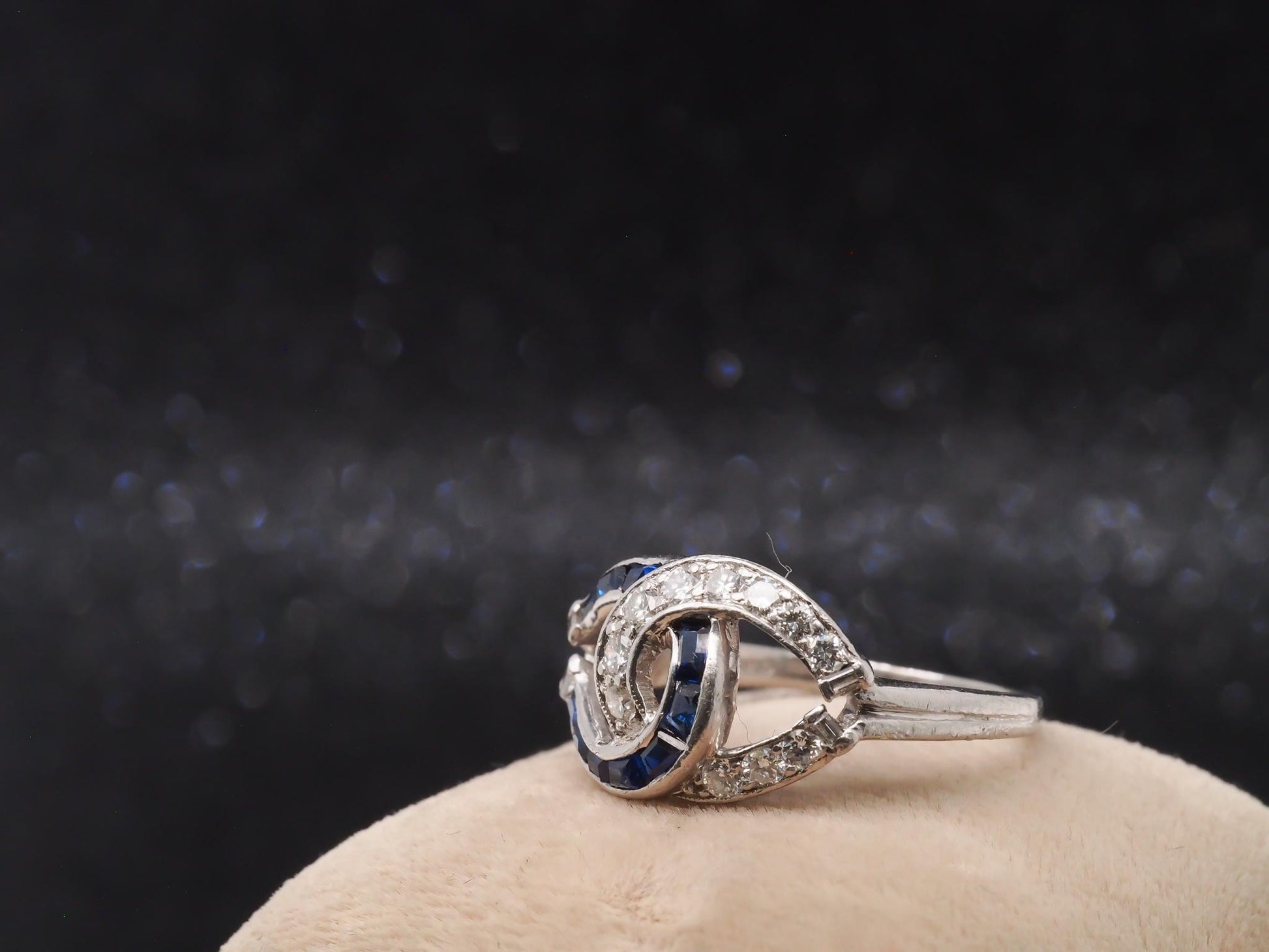 1950s Platinum Vintage Sapphire & Diamond Swirl Cocktail Ring - VHK#100a