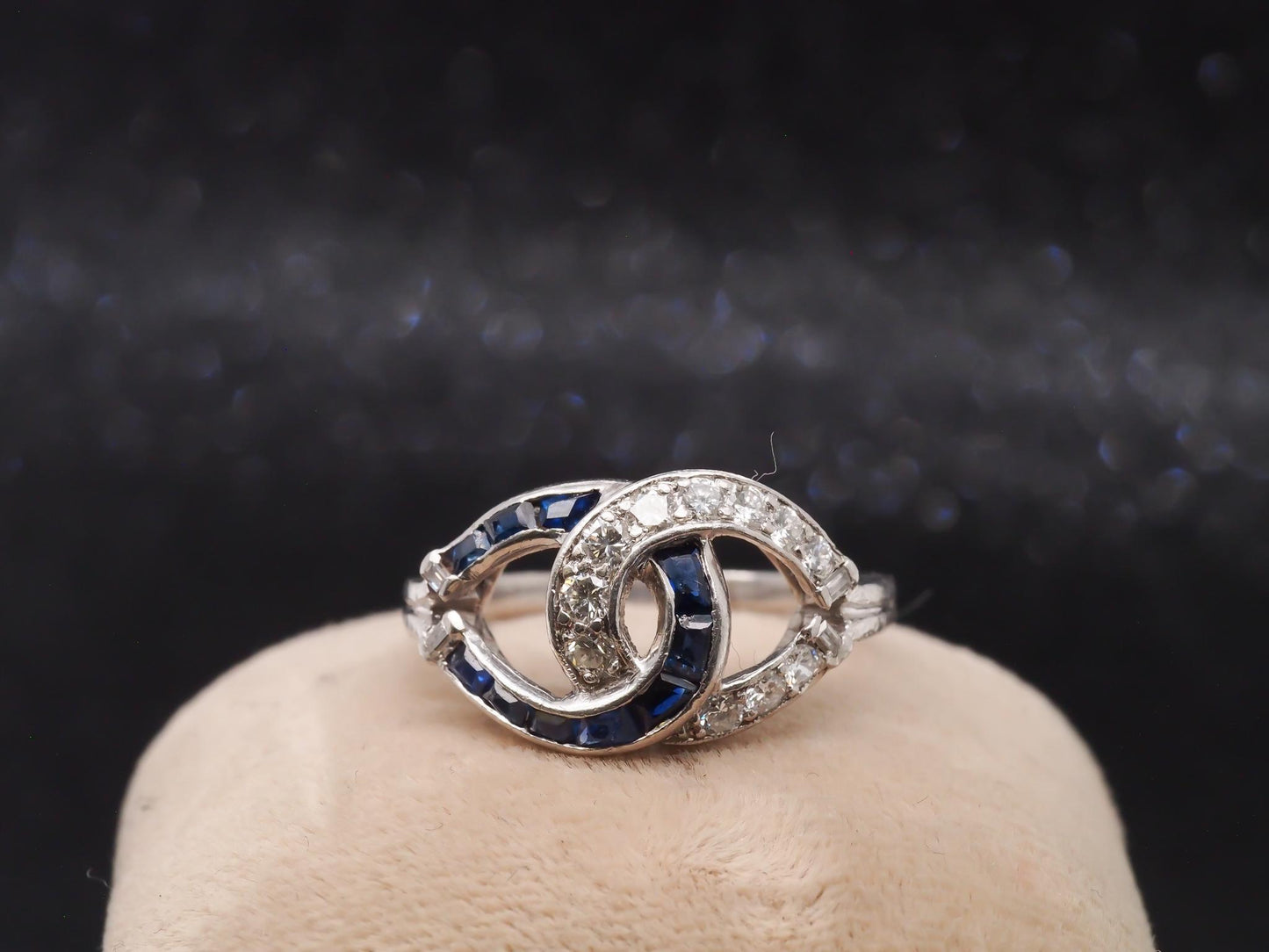1950s Platinum Vintage Sapphire & Diamond Swirl Cocktail Ring - VHK#100a