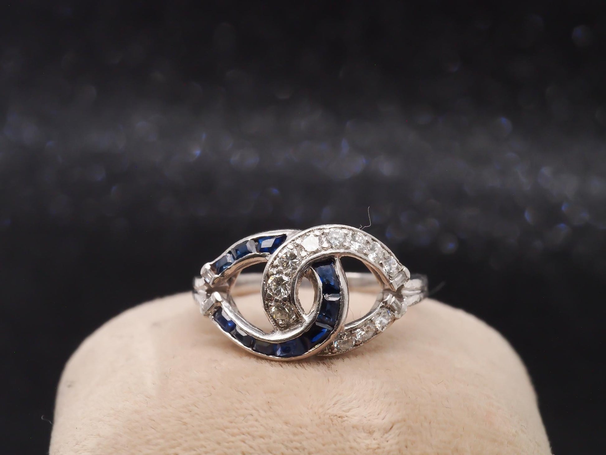 1950s Platinum Vintage Sapphire & Diamond Swirl Cocktail Ring - VHK#100a