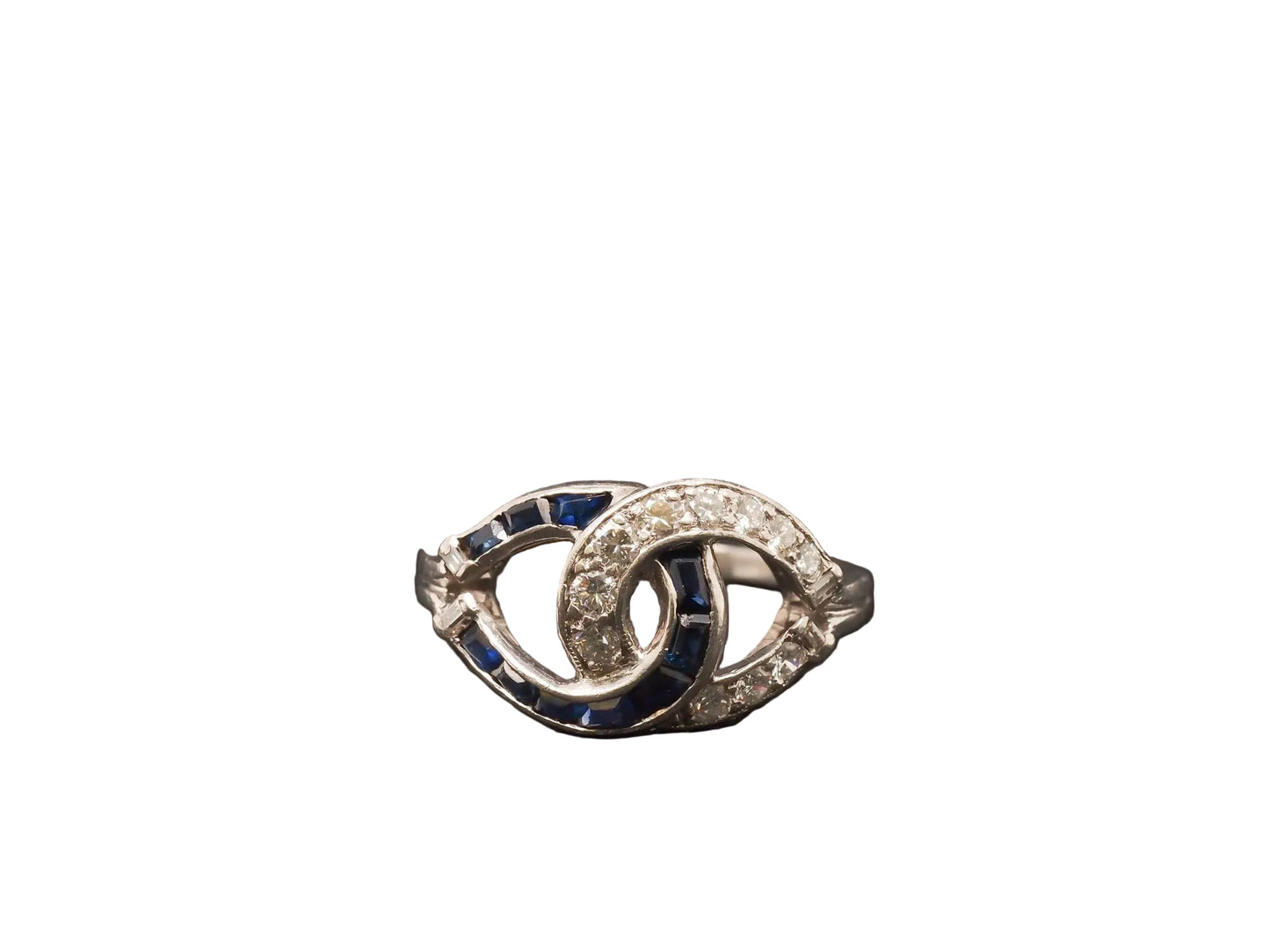 1950s Platinum Vintage Sapphire & Diamond Swirl Cocktail Ring - VHK#100a