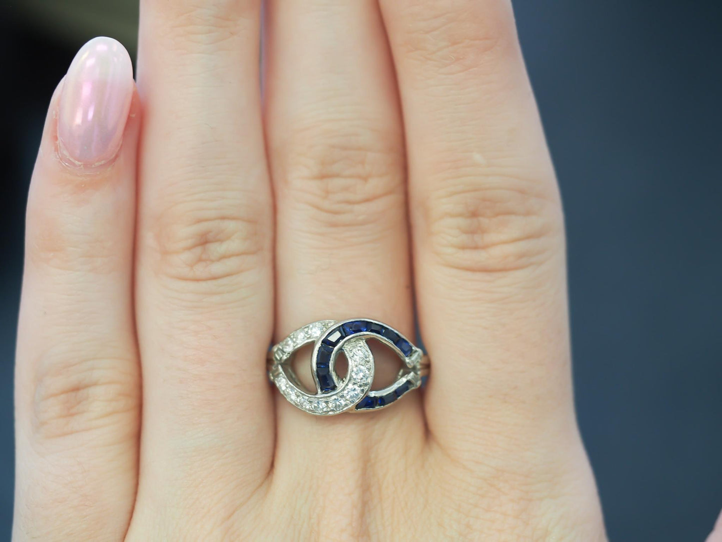 1950s Platinum Vintage Sapphire & Diamond Swirl Cocktail Ring - VHK#100a