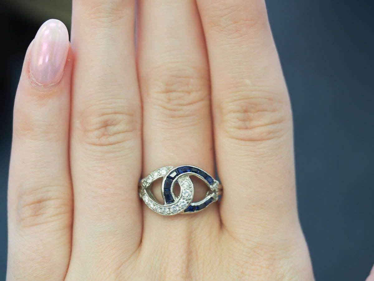 1950s Platinum Vintage Sapphire & Diamond Swirl Cocktail Ring - VHK#100a
