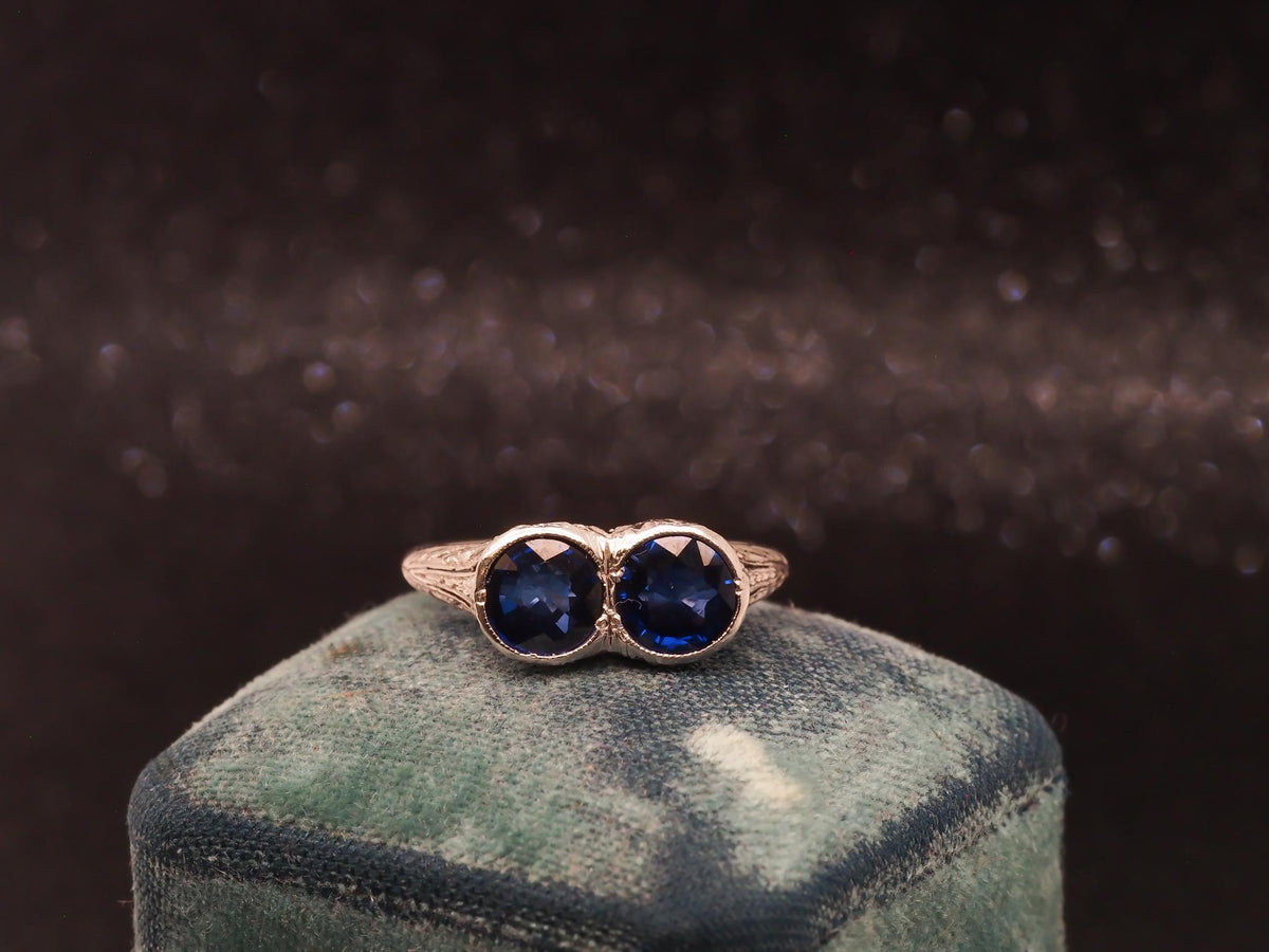 1930s Platinum Art Deco Two Stone Blue Sapphire Ring - VHK#99