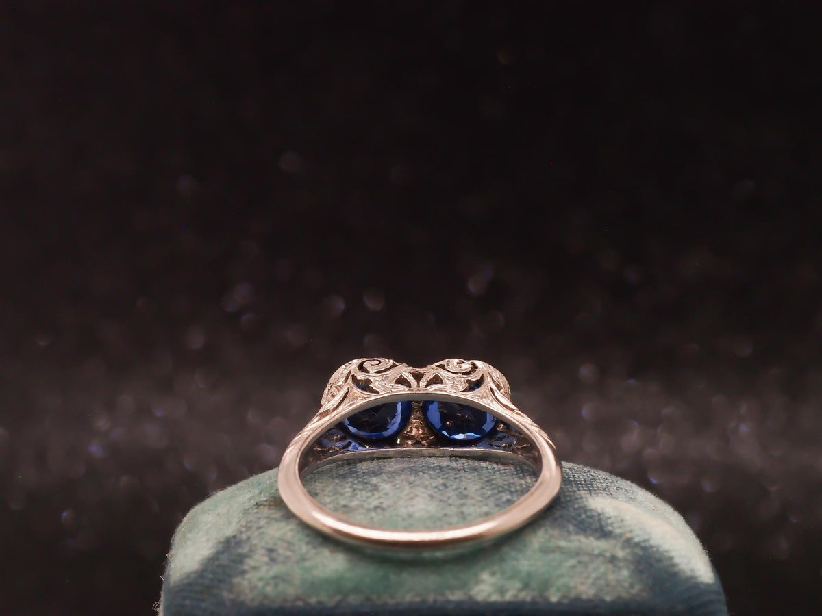 1930s Platinum Art Deco Two Stone Blue Sapphire Ring - VHK#99