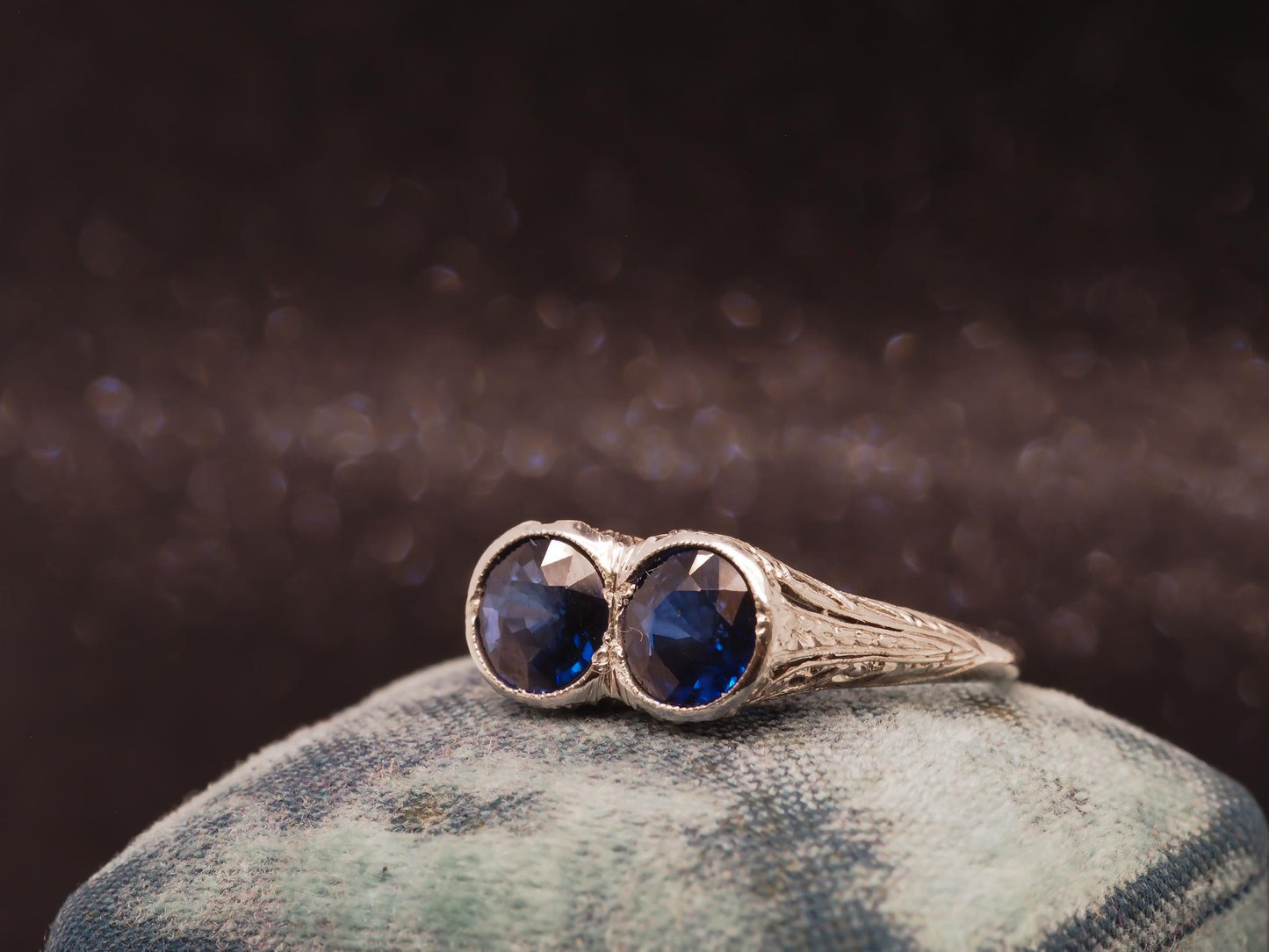 1930s Platinum Art Deco Two Stone Blue Sapphire Ring - VHK#99